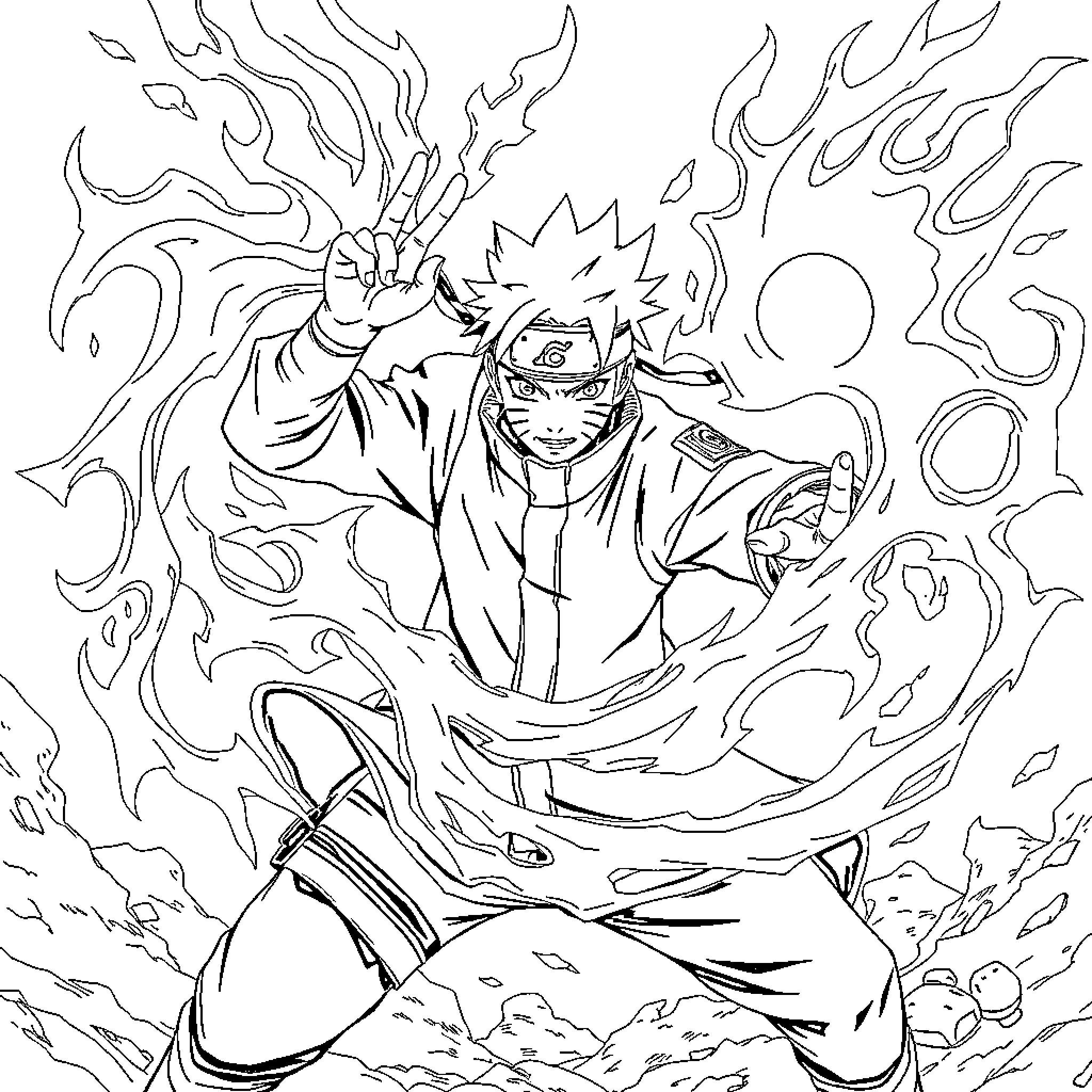 Naruto unleashing powerful ninjutsu in an intense scene Coloring Page (free black-and-white line drawing printable PDF for all, from beginners to advanced learners, including children, teens, adults, and seniors)