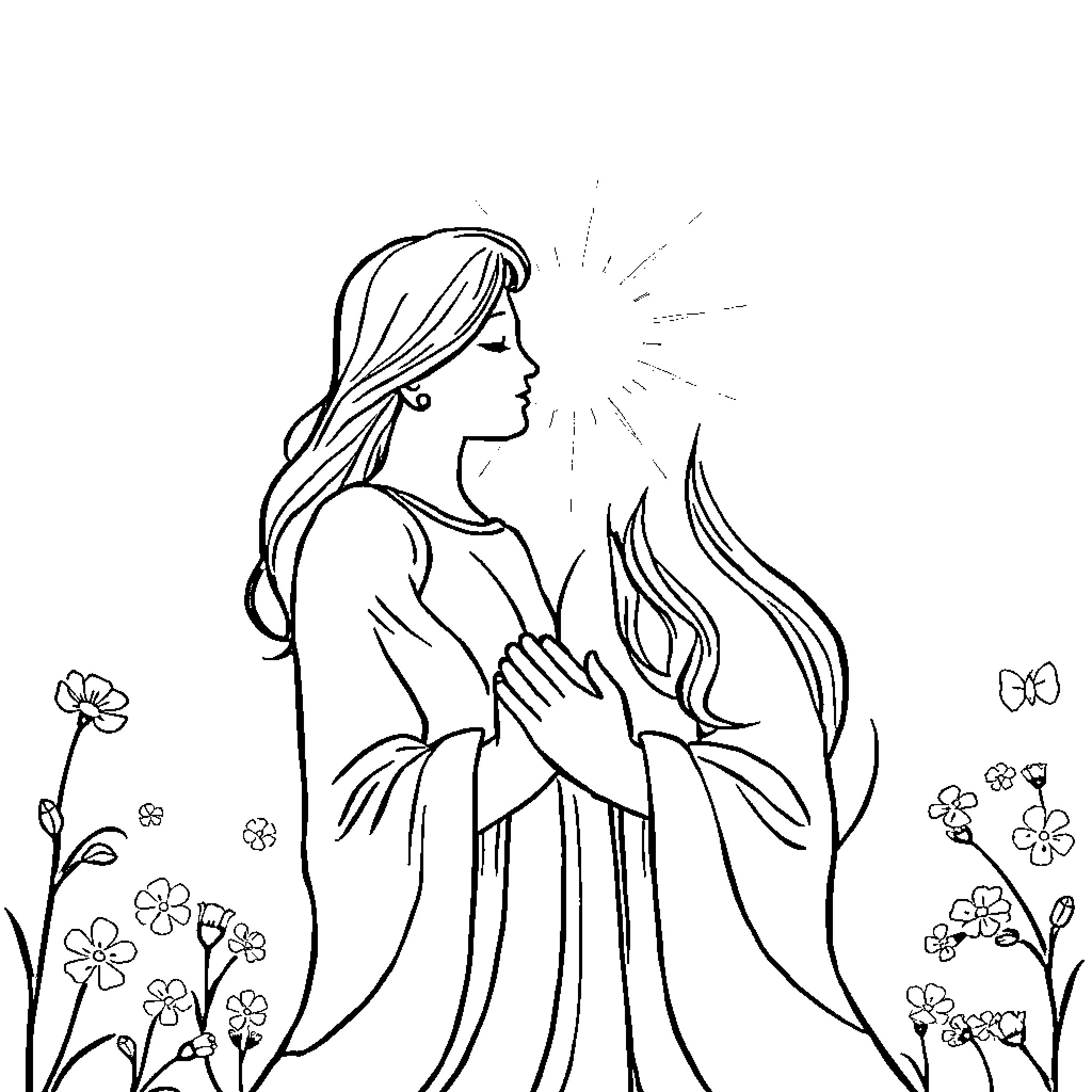 Gratitude in a Serene Floral Garden Coloring Page (free black-and-white line drawing printable PDF for all, from beginners to advanced learners, including children, teens, adults, and seniors)
