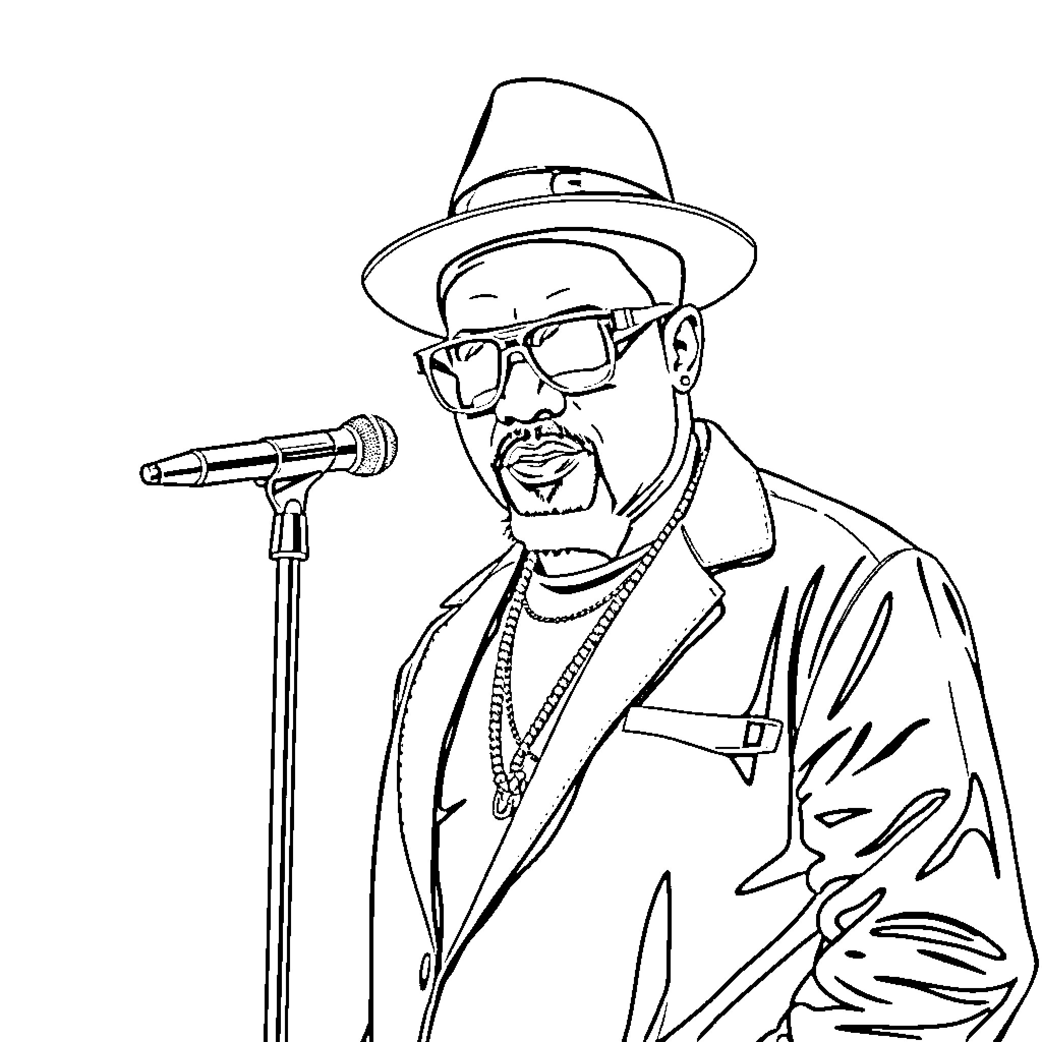 LL Cool J performing on stage with microphone Coloring Page (free black-and-white line drawing printable PDF for all, from beginners to advanced learners, including children, teens, adults, and seniors)