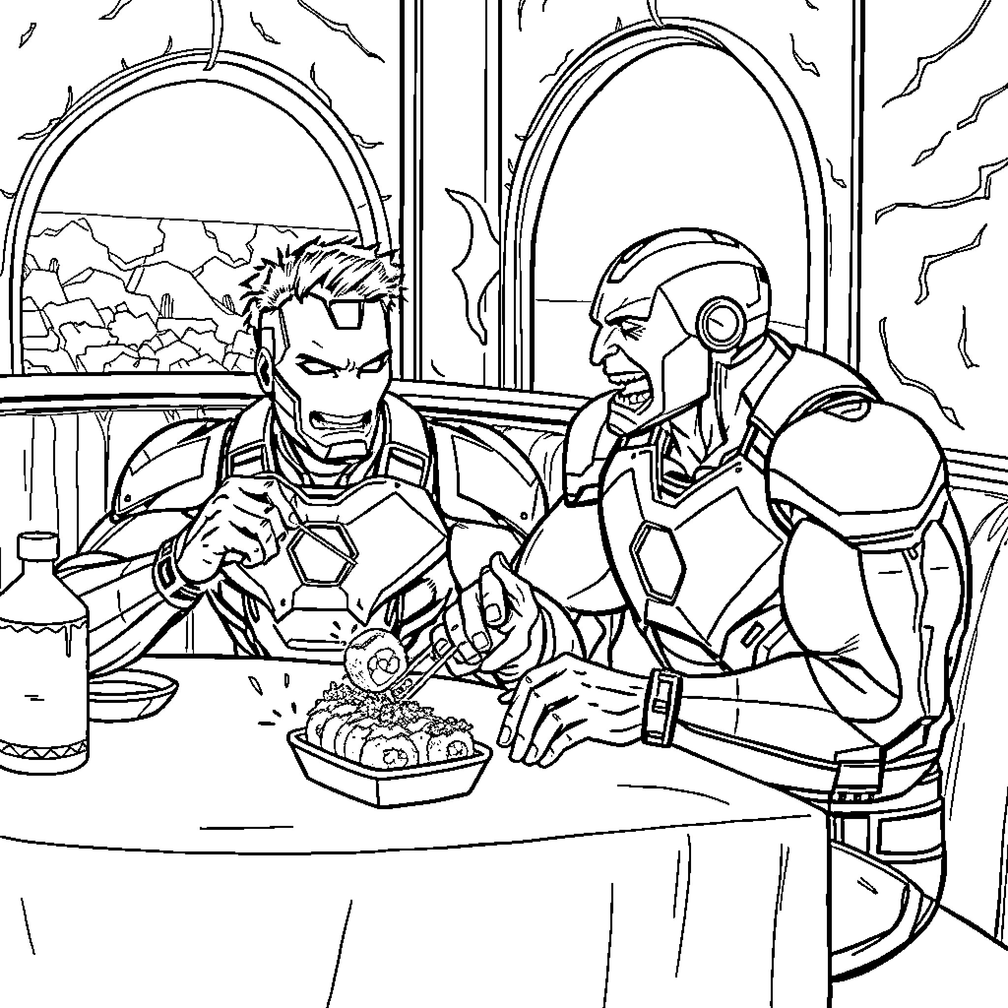 Iron Man Sharing a Meal with Armored Companion Coloring Page (free black-and-white line drawing printable PDF for all, from beginners to advanced learners, including children, teens, adults, and seniors)