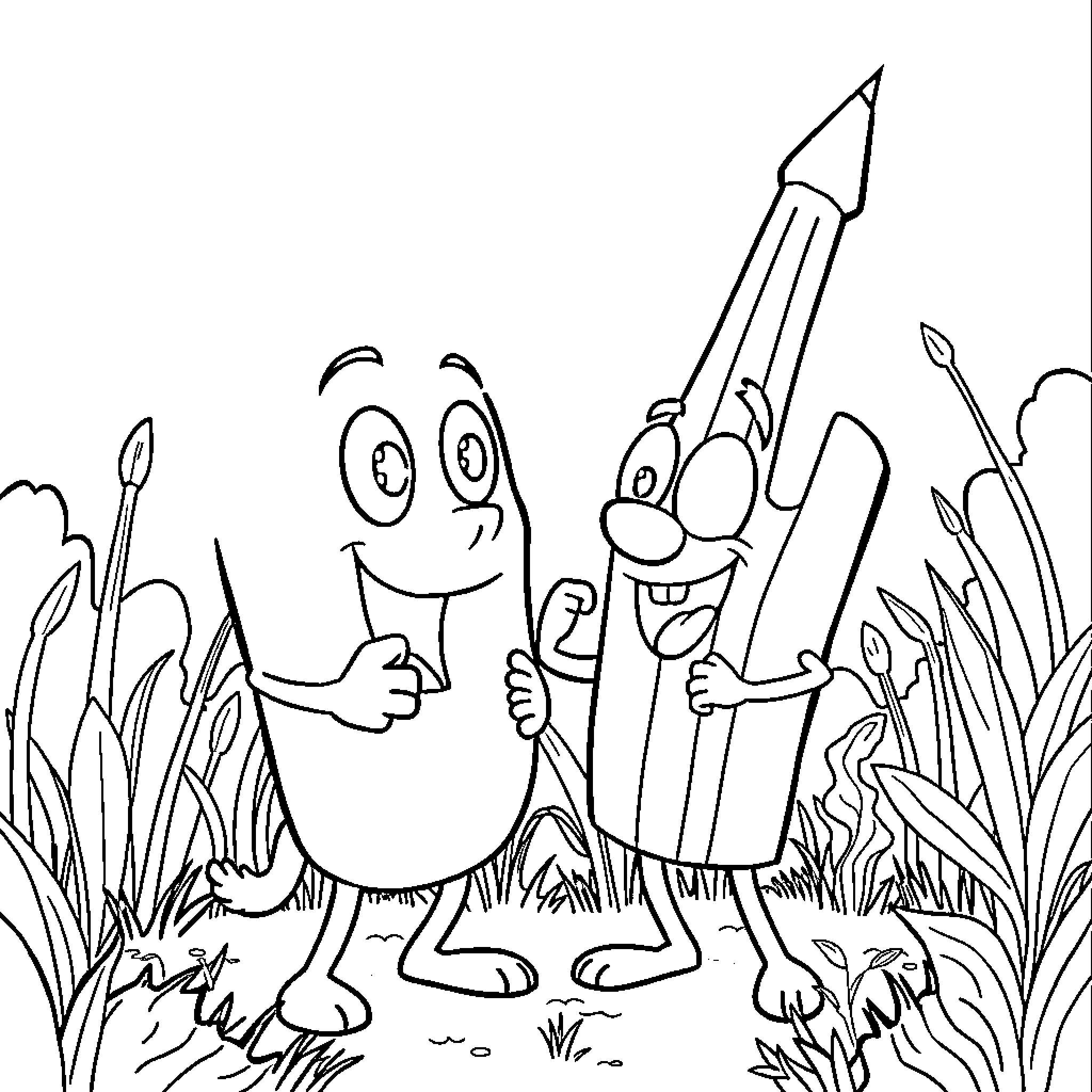 Pencil friends enjoying the outdoors Coloring Page (free black-and-white line drawing printable PDF for all, from beginners to advanced learners, including children, teens, adults, and seniors)