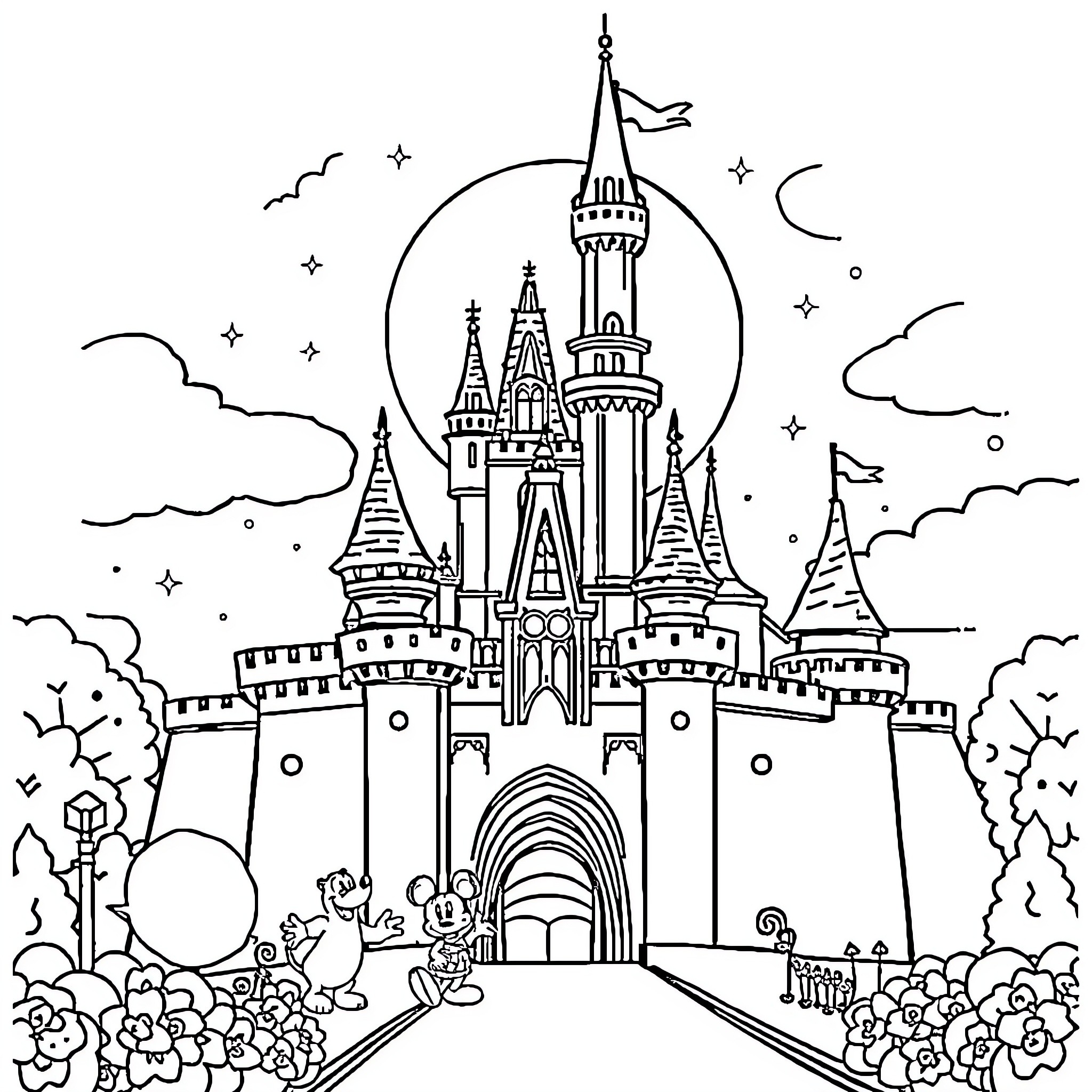 Disney Castle with Whimsical Surroundings Coloring Page (free black-and-white line drawing printable PDF for all, from beginners to advanced learners, including children, teens, adults, and seniors)