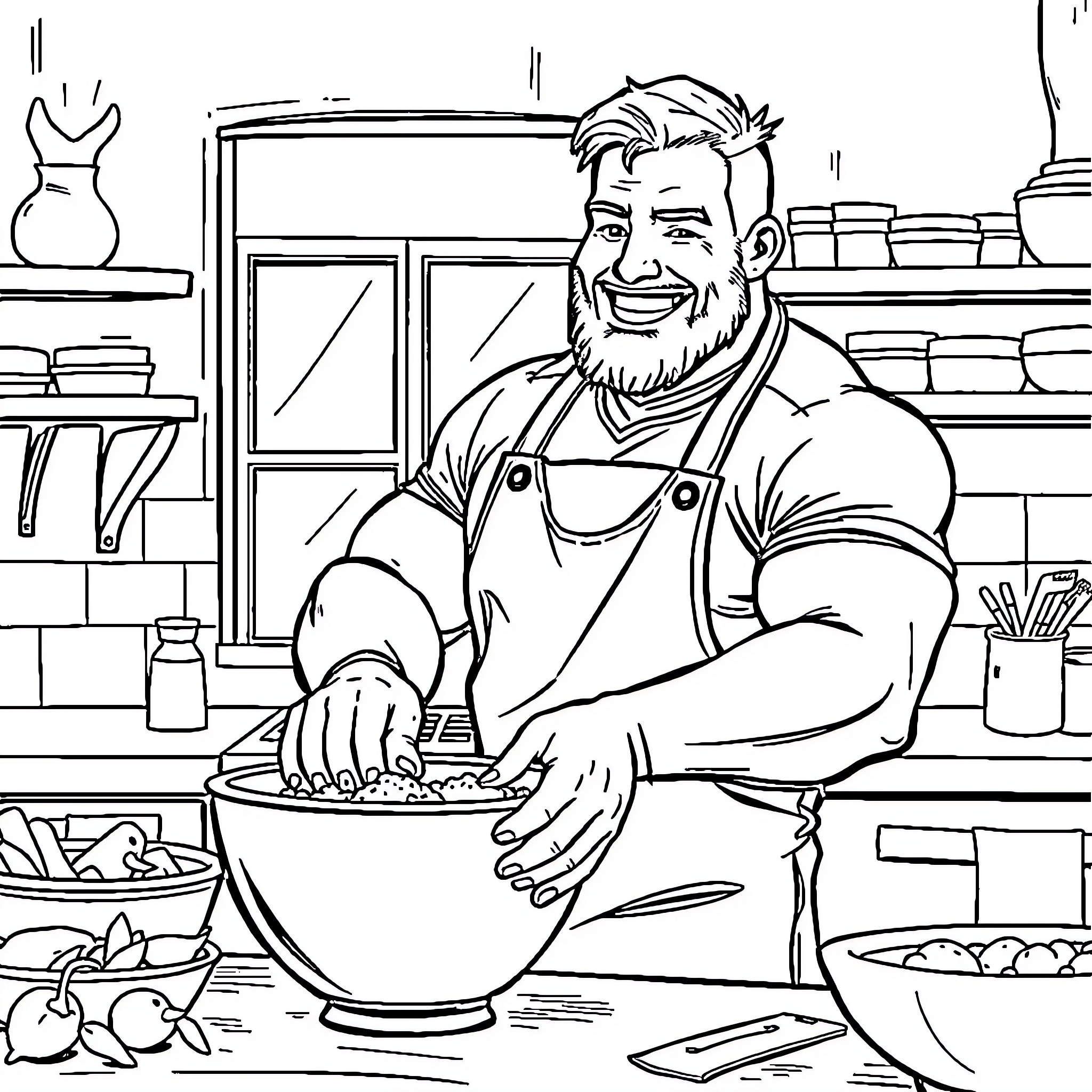Rugby Player Cooking in the Kitchen Coloring Page (free black-and-white line drawing printable PDF for all, from beginners to advanced learners, including children, teens, adults, and seniors)