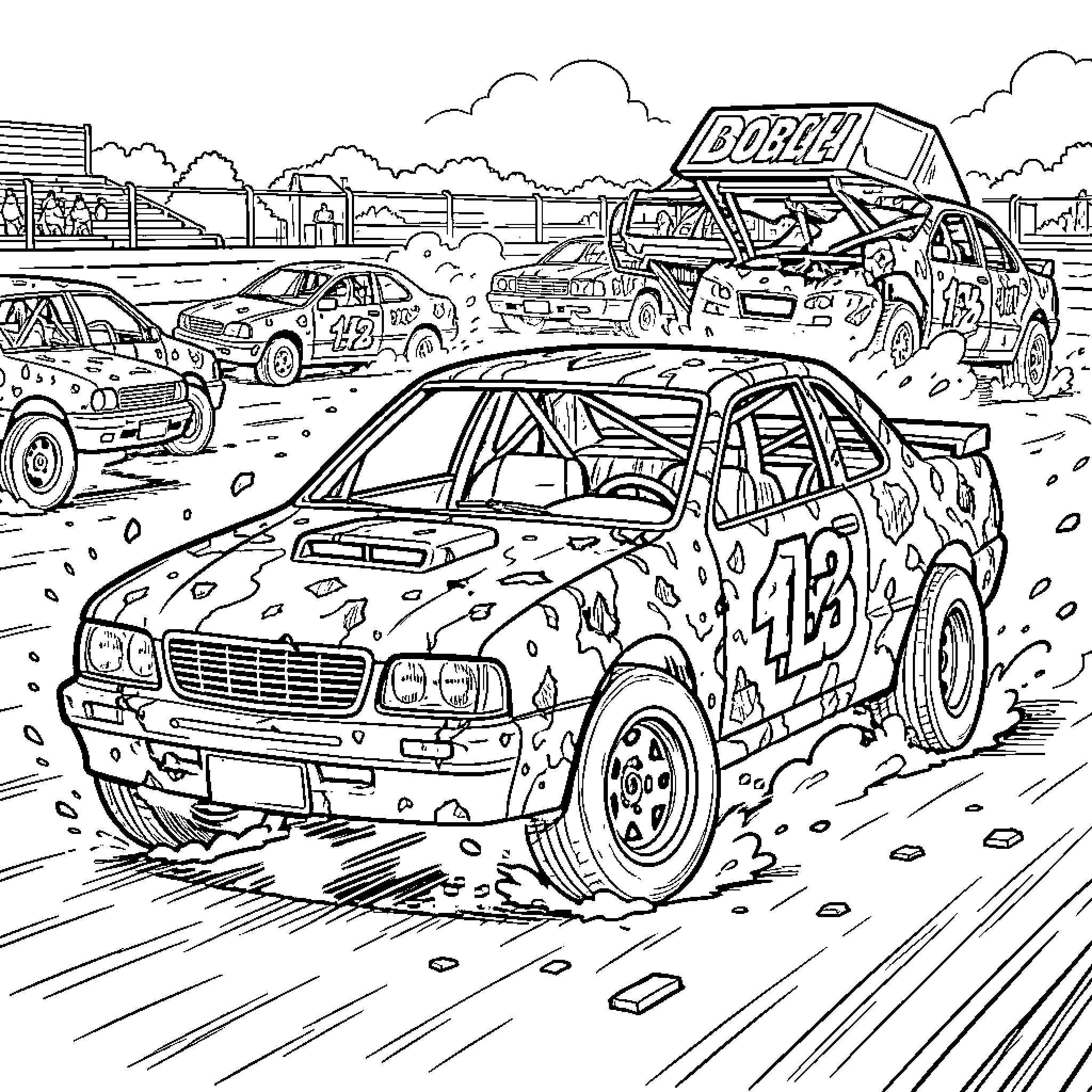 Demolition Derby Cars Colliding with Debris on the Track Coloring Page (free black-and-white line drawing printable PDF for all, from beginners to advanced learners, including children, teens, adults, and seniors)