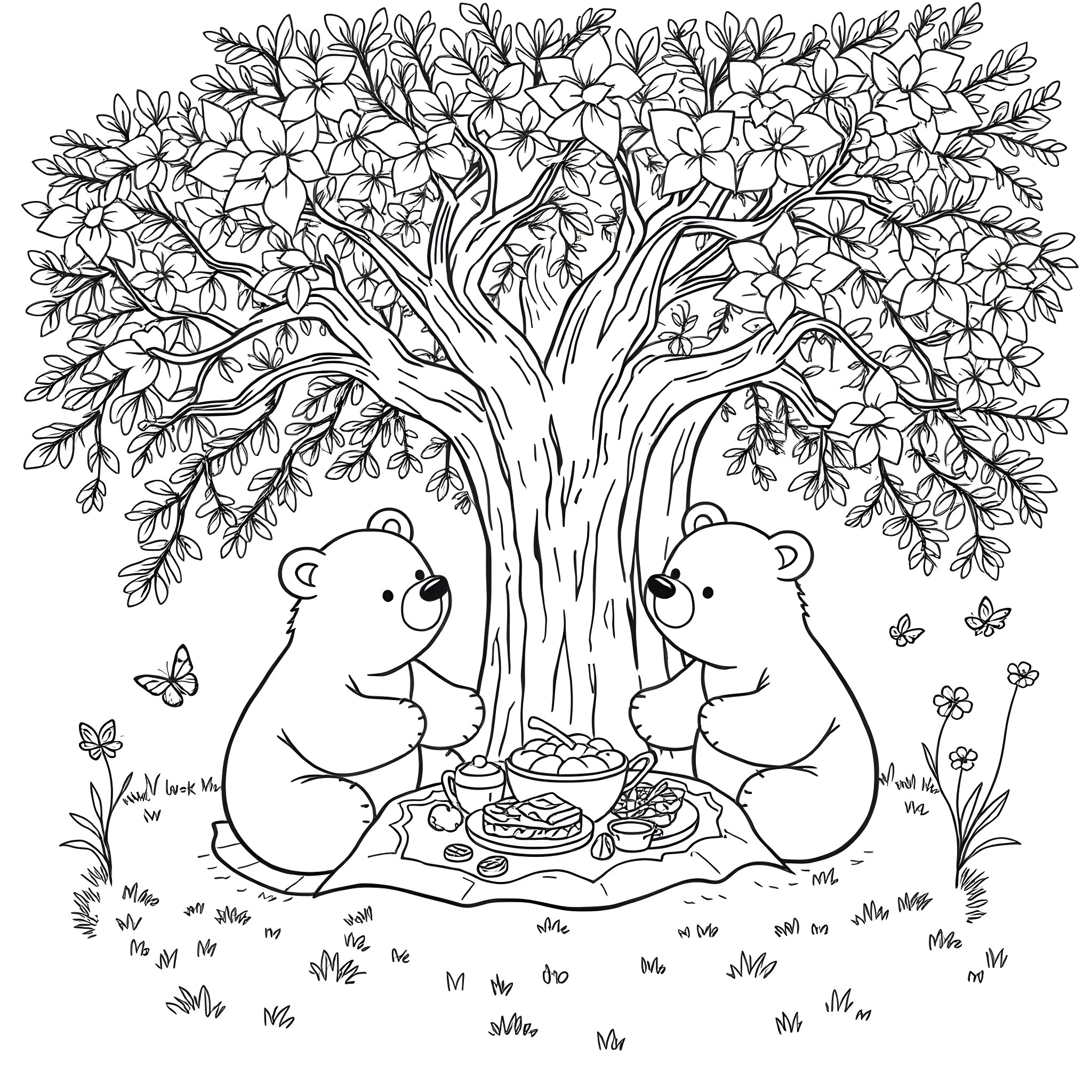 Bear couple having a picnic under the blooming tree Coloring Page (free black-and-white line drawing printable PDF for all, from beginners to advanced learners, including children, teens, adults, and seniors)