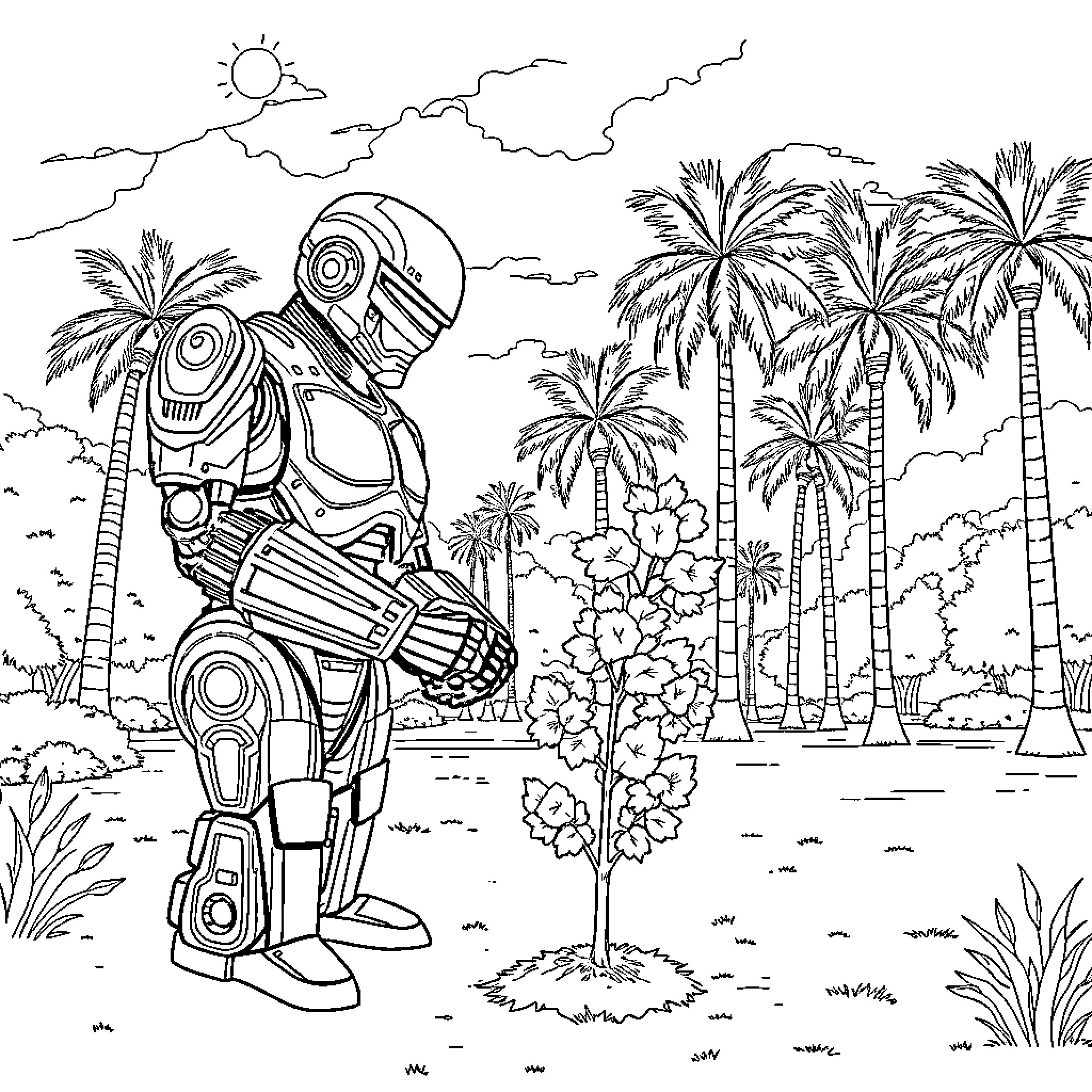 Robocop exploring a tropical paradise Coloring Page (free black-and-white line drawing printable PDF for all, from beginners to advanced learners, including children, teens, adults, and seniors)