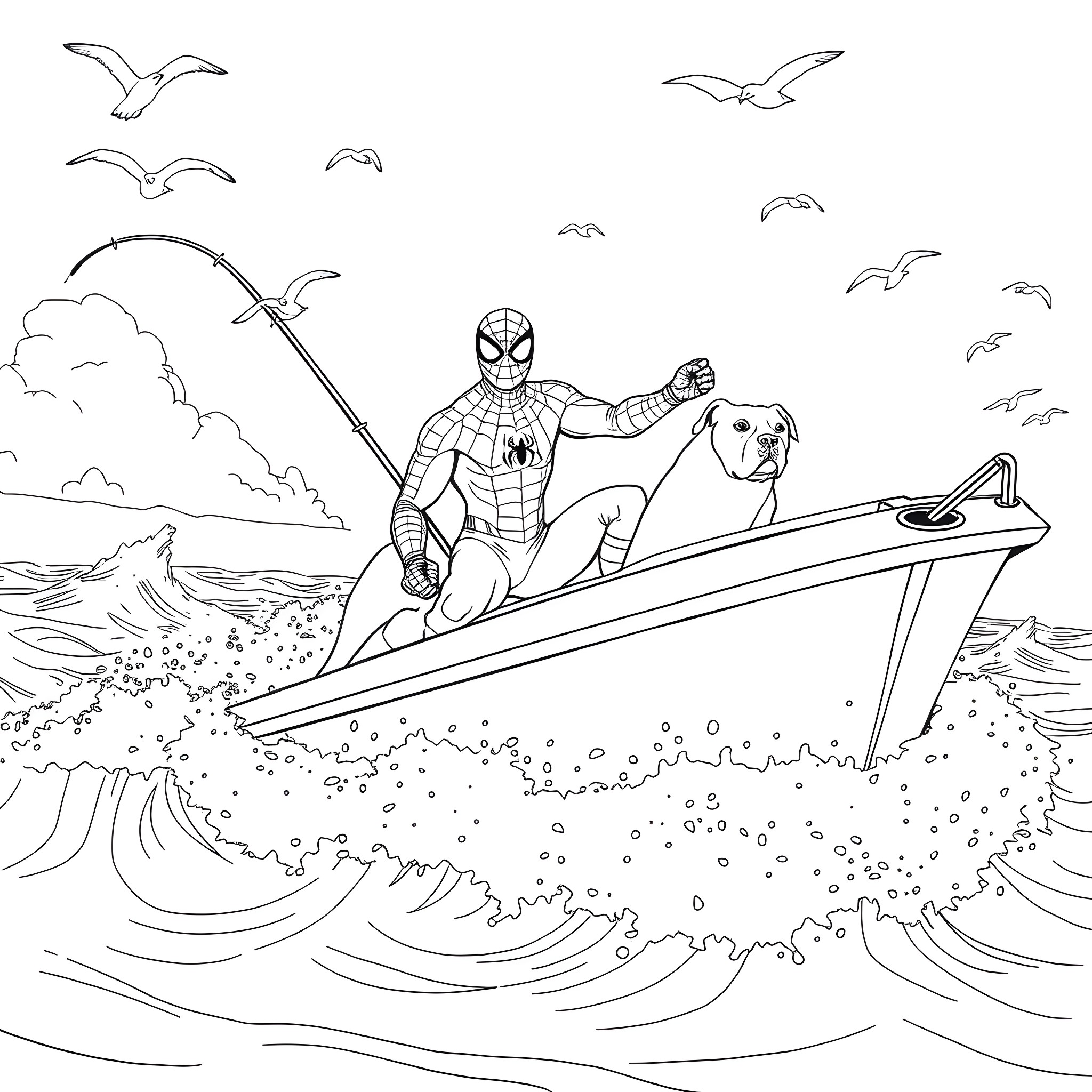 Spiderman riding a speedboat with a dog Coloring Page (free black-and-white line drawing printable PDF for all, from beginners to advanced learners, including children, teens, adults, and seniors)