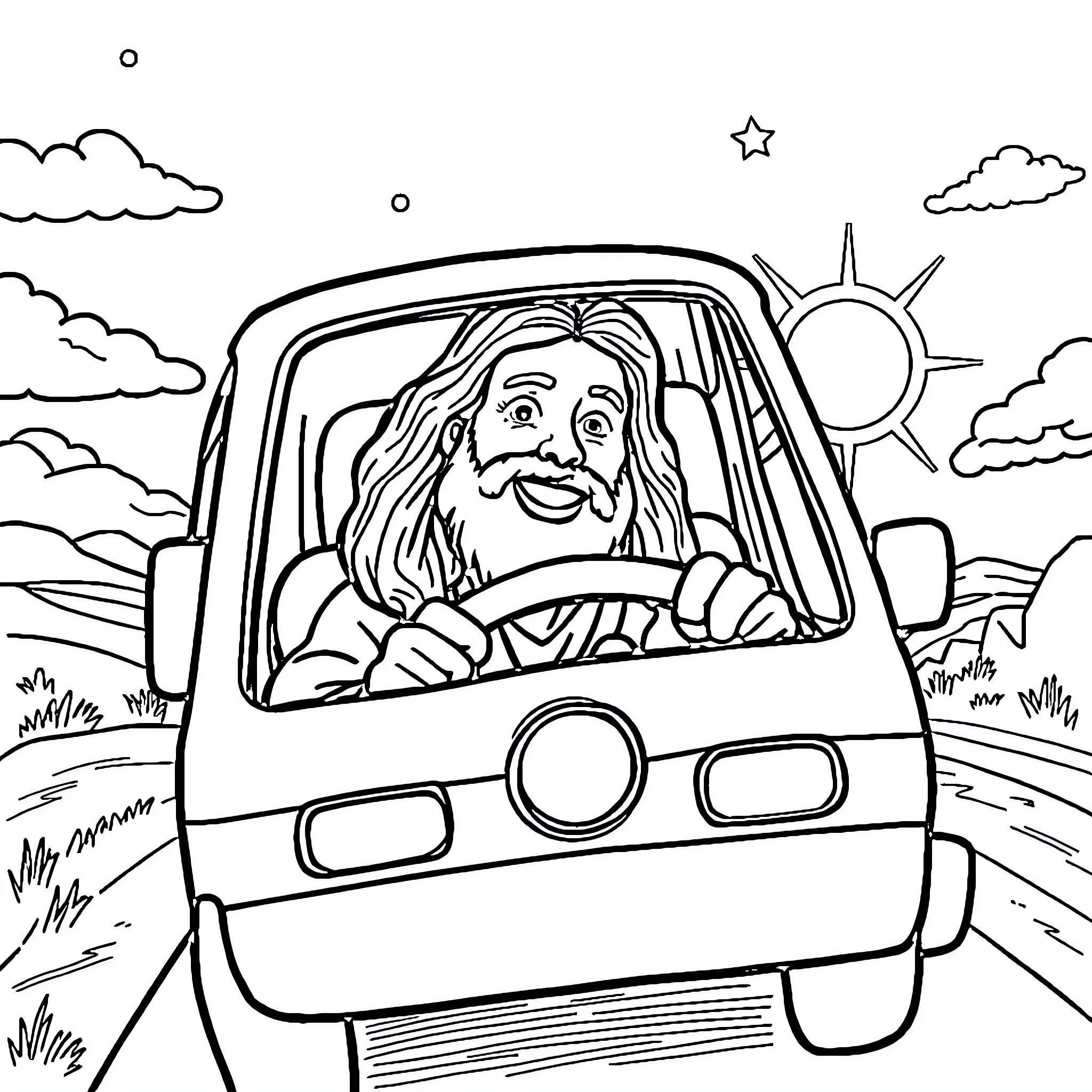 Jesus driving a car on a sunny day Coloring Page (free black-and-white line drawing printable PDF for all, from beginners to advanced learners, including children, teens, adults, and seniors)