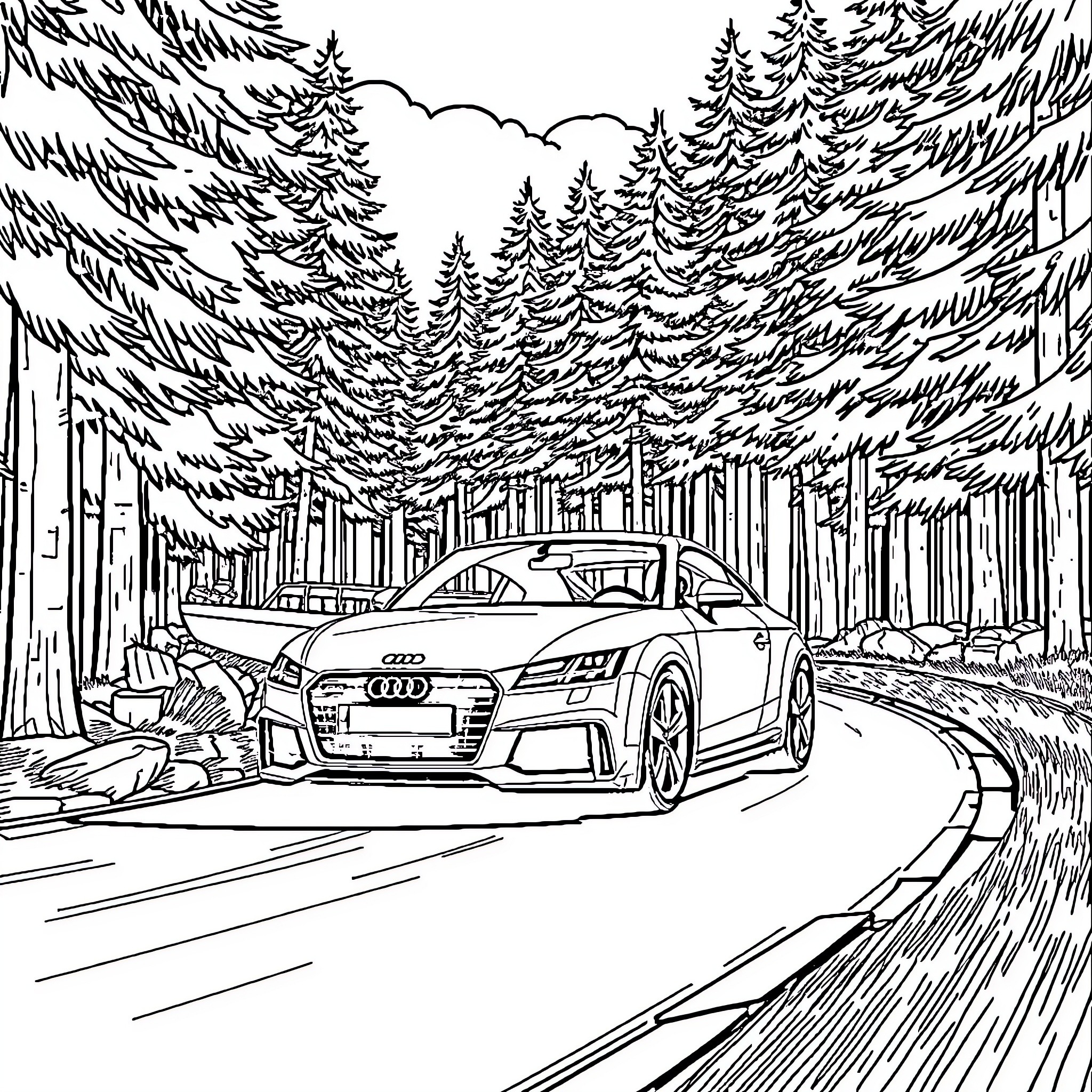 Audi sports car navigating forested road Coloring Page (free black-and-white line drawing printable PDF for all, from beginners to advanced learners, including children, teens, adults, and seniors)