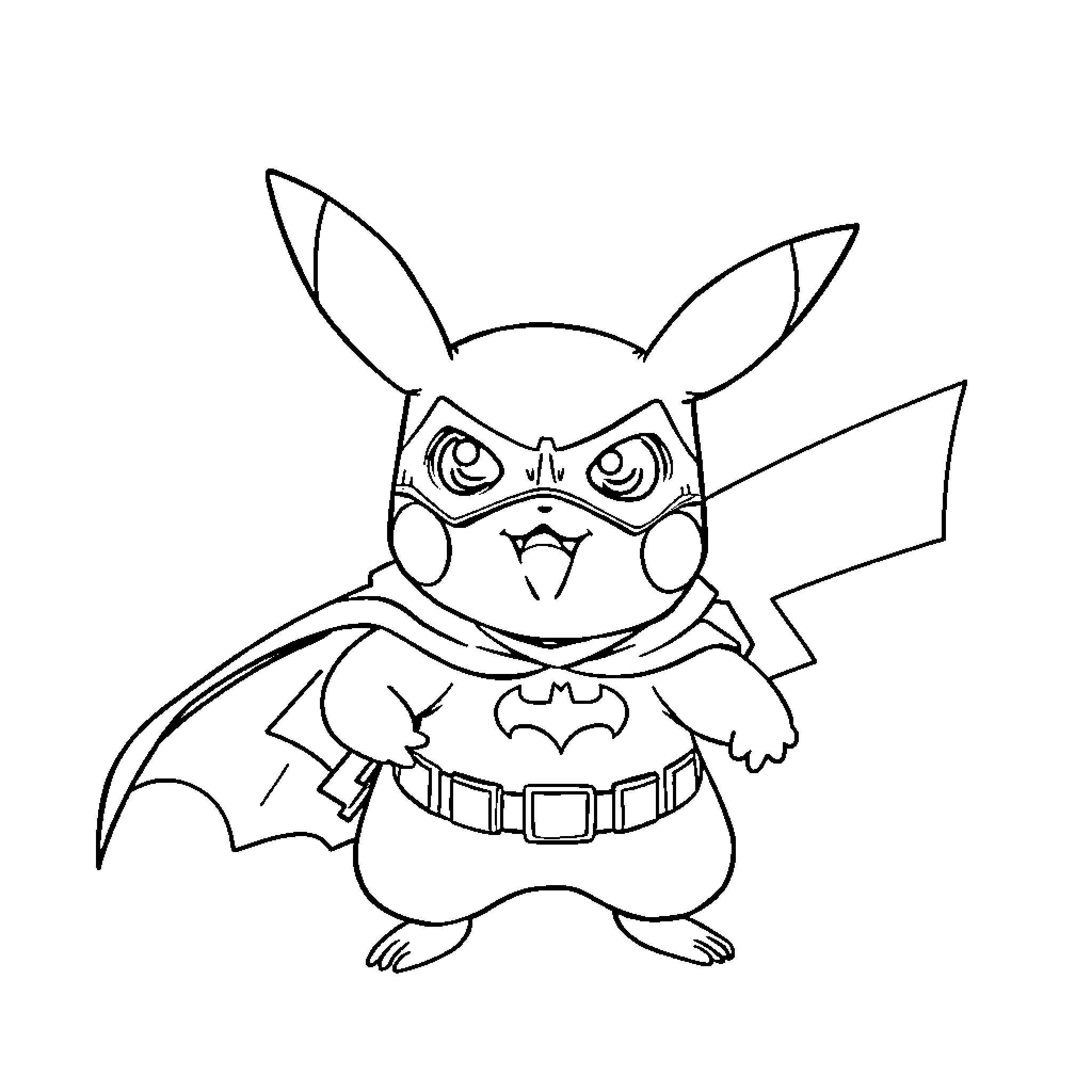 Pikachu dressed as a superhero Coloring Page (free black-and-white line drawing printable PDF for all, from beginners to advanced learners, including children, teens, adults, and seniors)