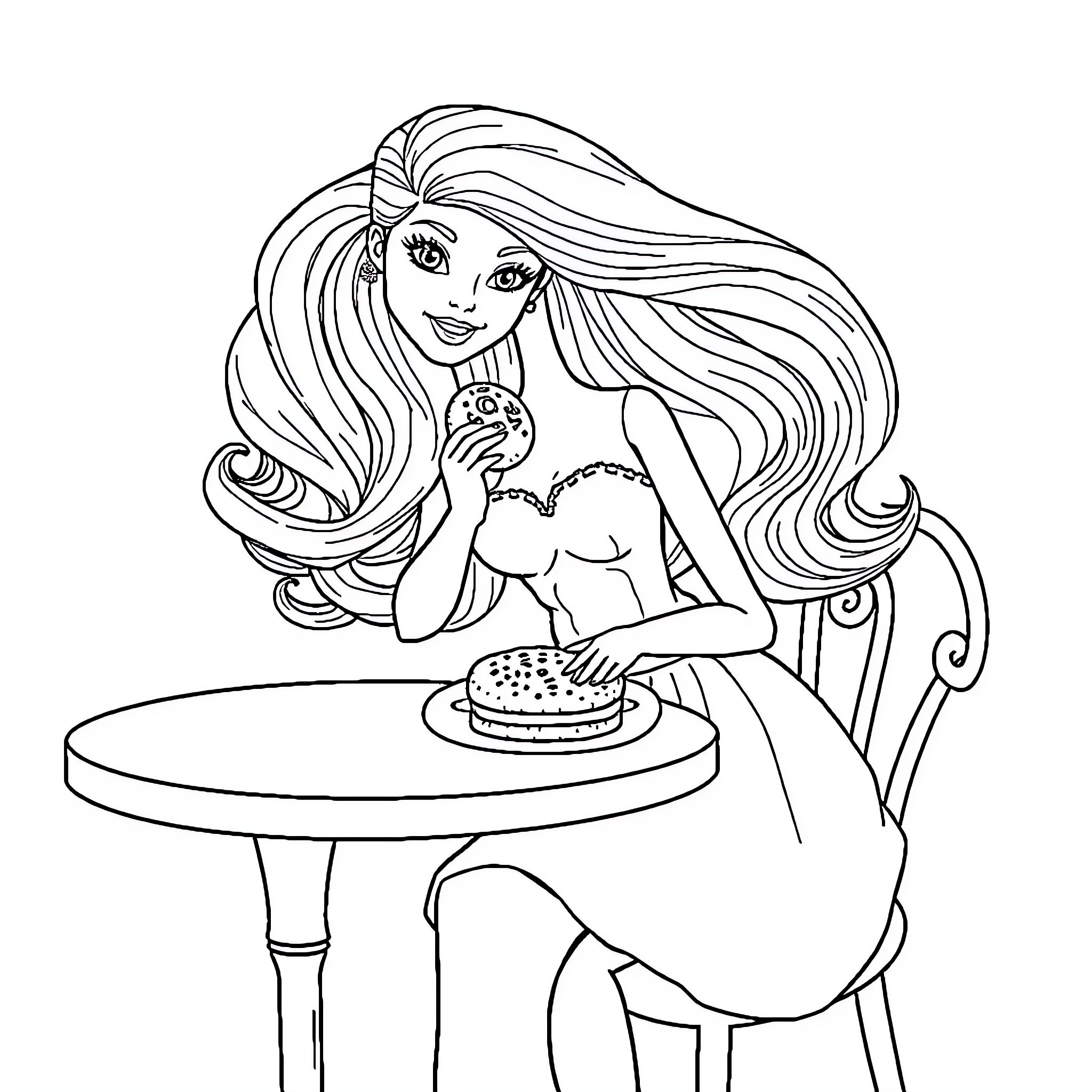 Barbie enjoying a delicious burger Coloring Page (free black-and-white line drawing printable PDF for all, from beginners to advanced learners, including children, teens, adults, and seniors)