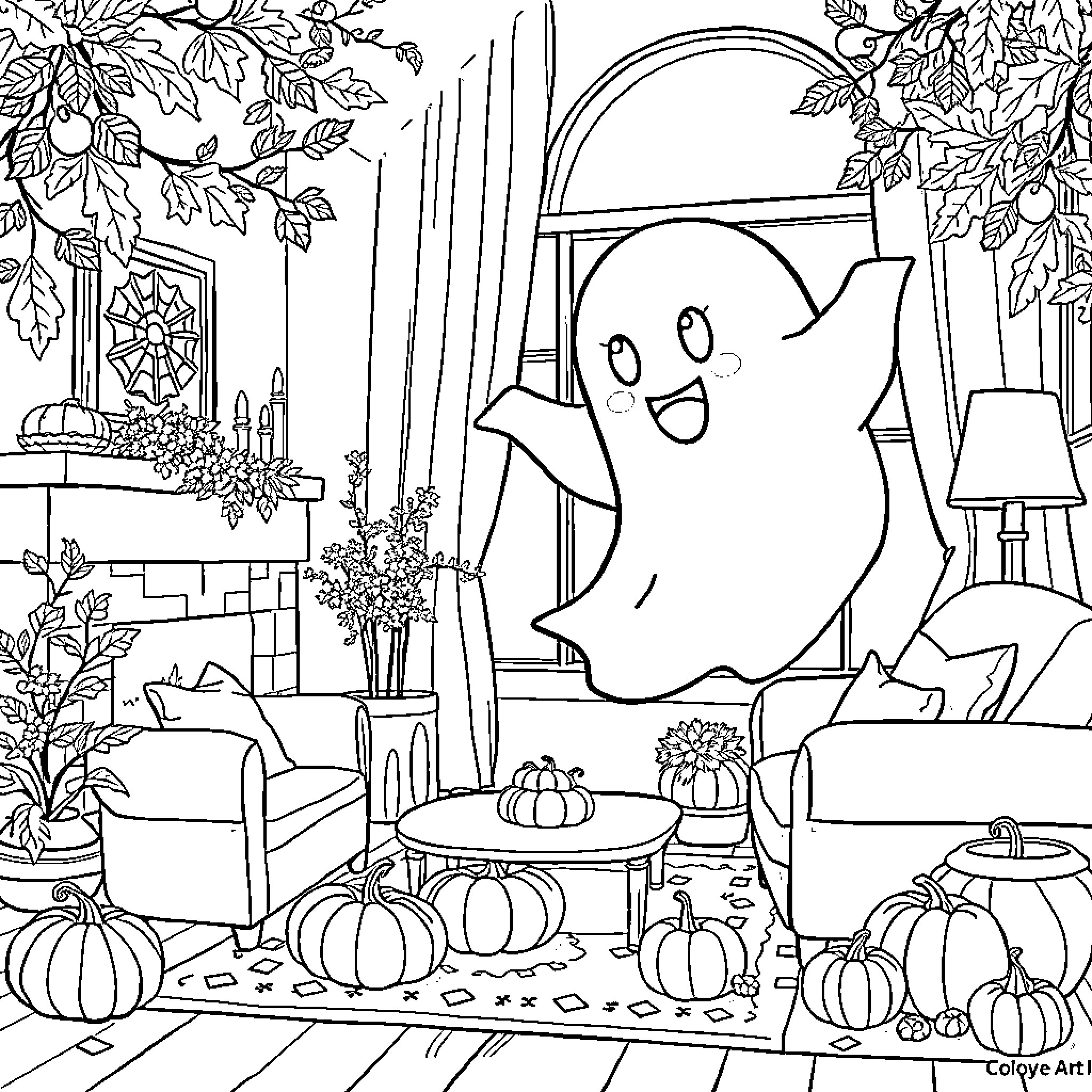Ghost Enjoying Cozy Autumn Scene Coloring Page (free black-and-white line drawing printable PDF for all, from beginners to advanced learners, including children, teens, adults, and seniors)