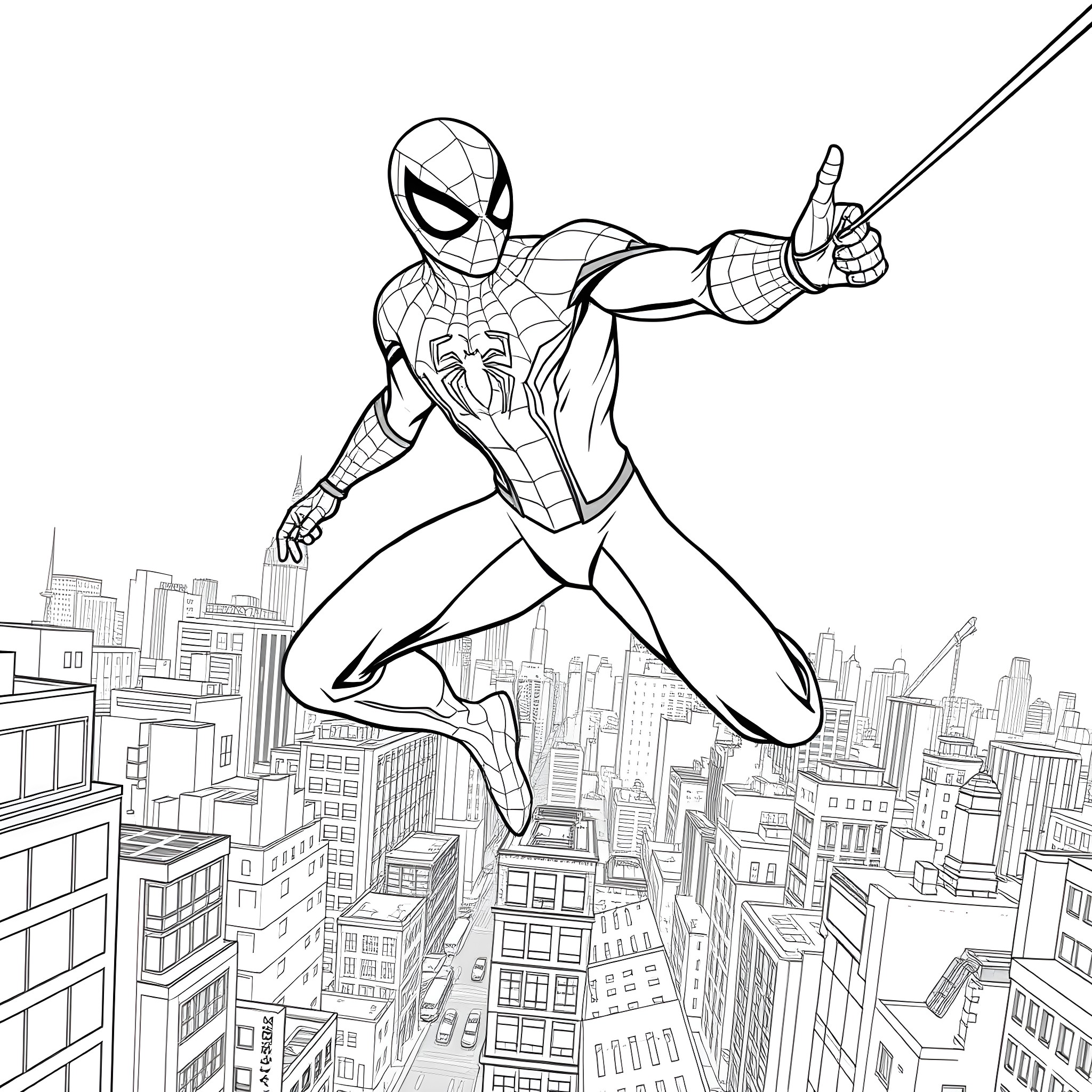Spiderman swinging heroically over cityscape Coloring Page (free black-and-white line drawing printable PDF for all, from beginners to advanced learners, including children, teens, adults, and seniors)