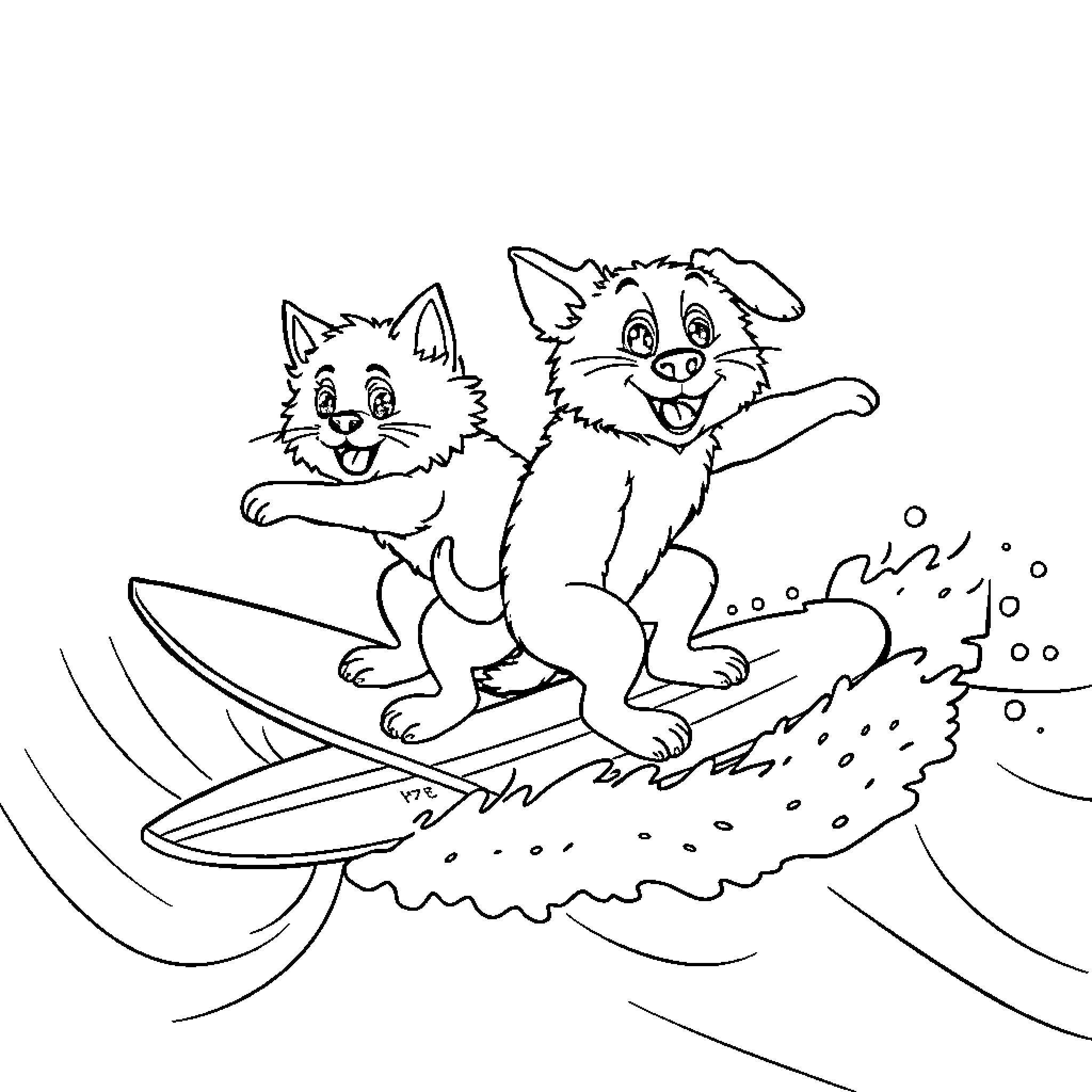 Cat Surfing Playfully with Friend Coloring Page (free black-and-white line drawing printable PDF for all, from beginners to advanced learners, including children, teens, adults, and seniors)
