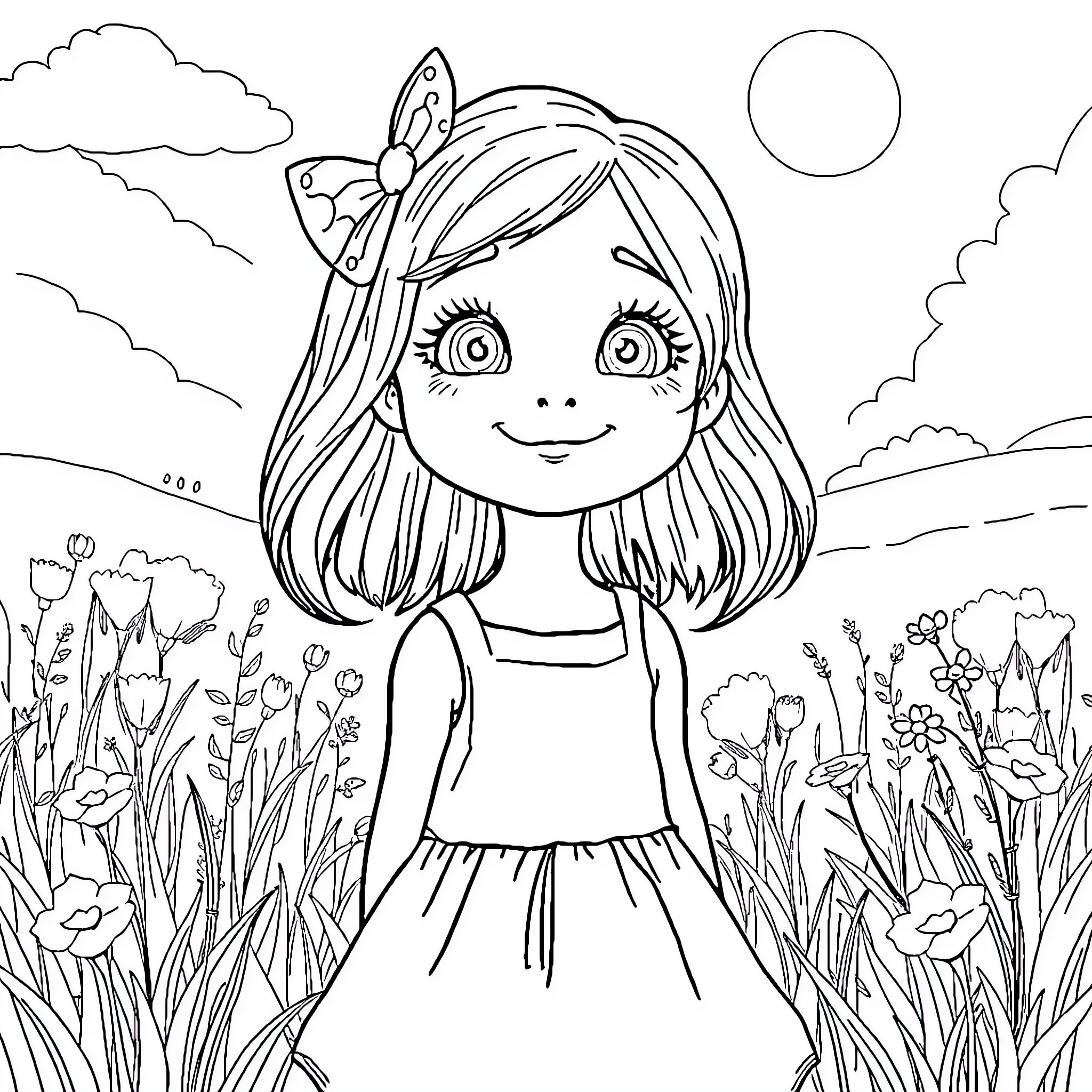 Ariella's Magical Garden Adventure Coloring Page (free black-and-white line drawing printable PDF for all, from beginners to advanced learners, including children, teens, adults, and seniors)