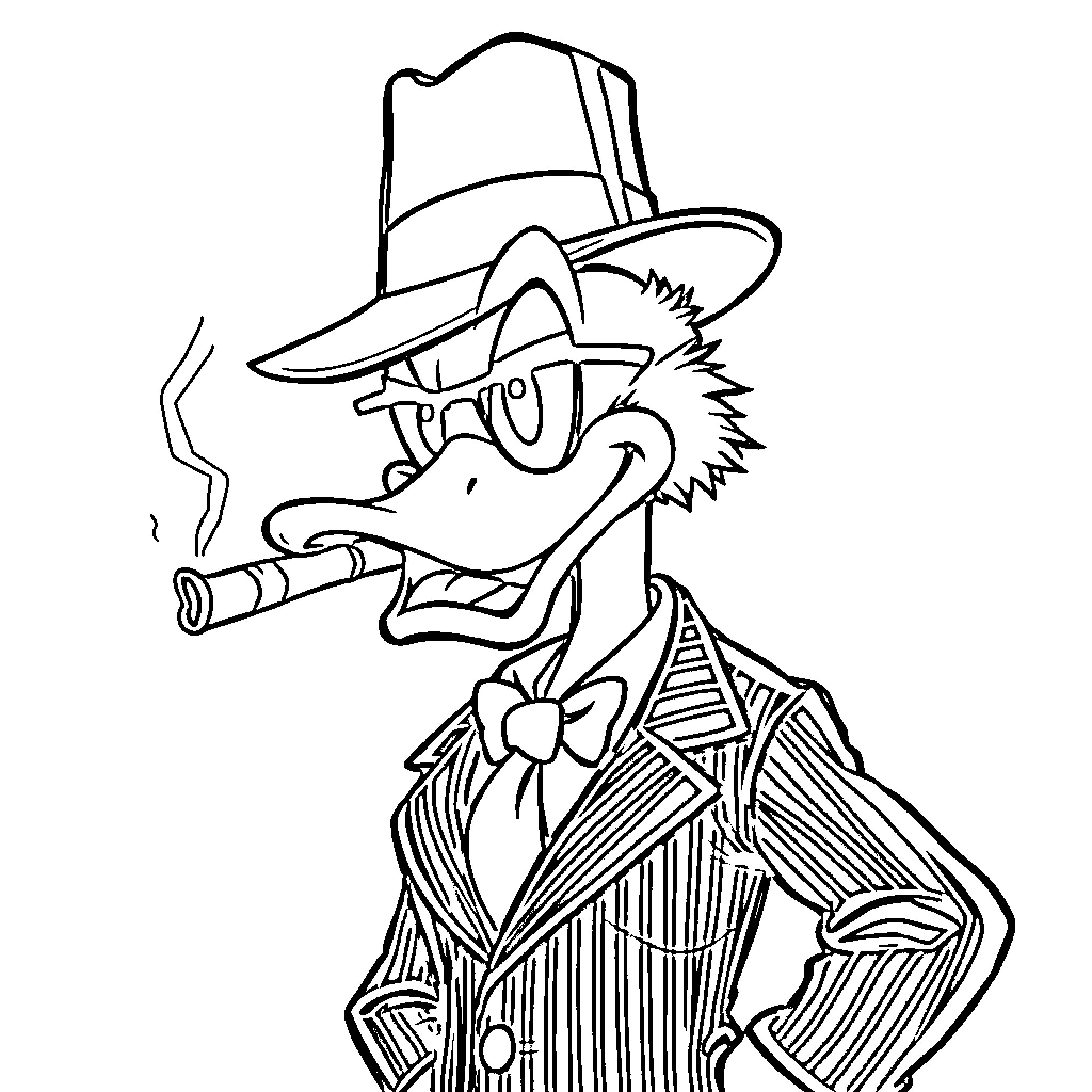 Scrooge McDuck in Formal Attire Smoking a Cigar Coloring Page (free black-and-white line drawing printable PDF for all, from beginners to advanced learners, including children, teens, adults, and seniors)
