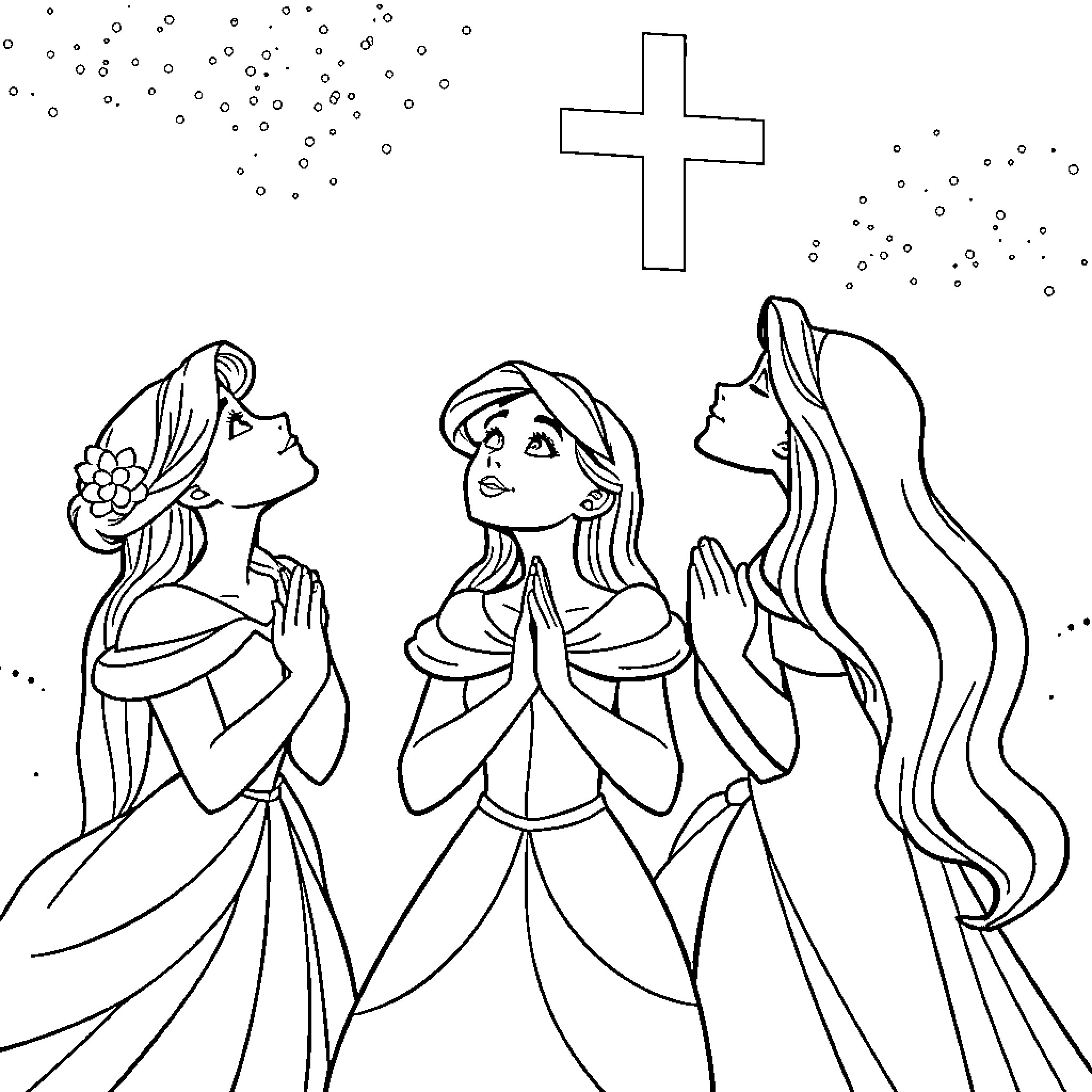 Disney Princesses Praying Under the Cross Coloring Page (free black-and-white line drawing printable PDF for all, from beginners to advanced learners, including children, teens, adults, and seniors)
