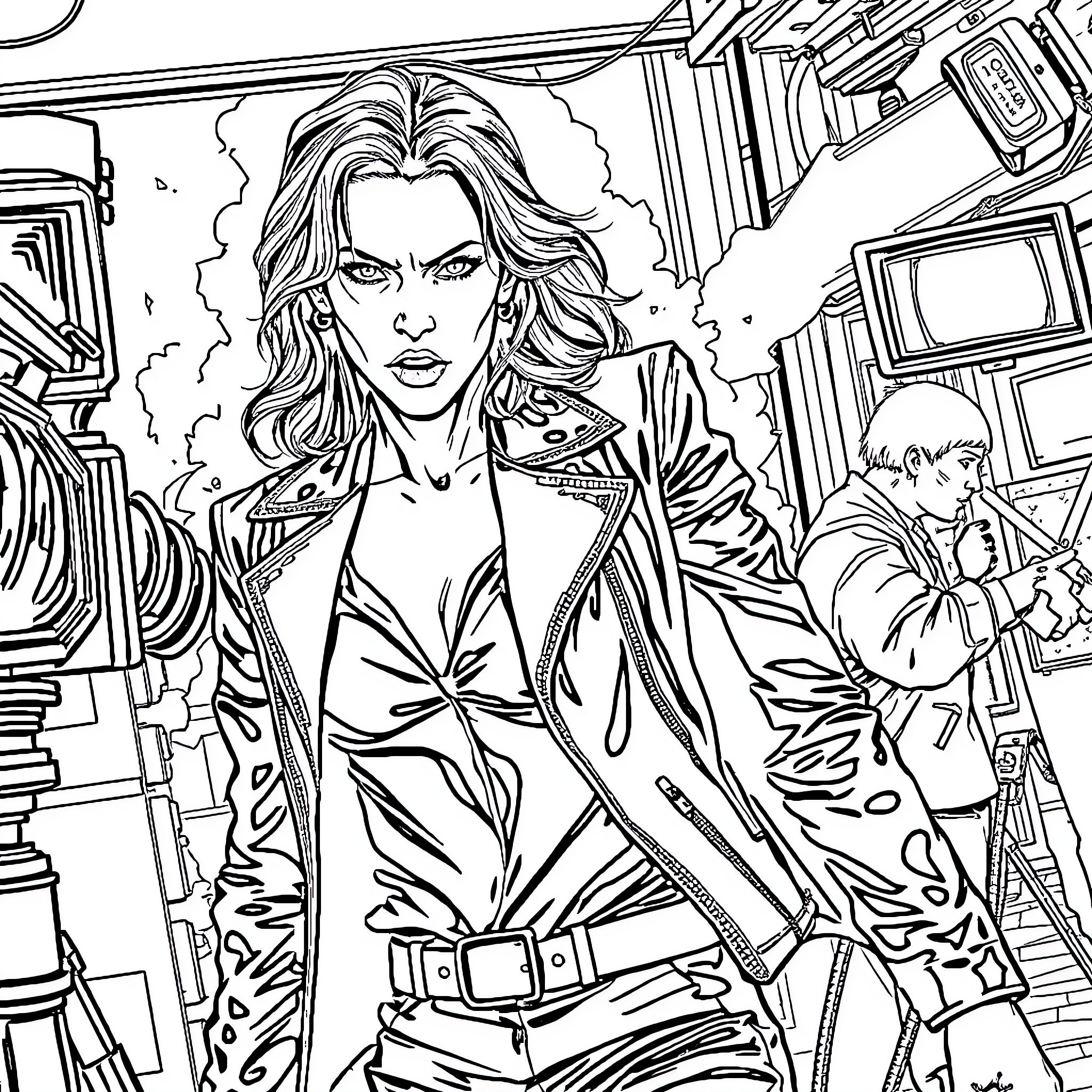 Milla Jovovich in Fierce Action Pose Coloring Page (free black-and-white line drawing printable PDF for all, from beginners to advanced learners, including children, teens, adults, and seniors)