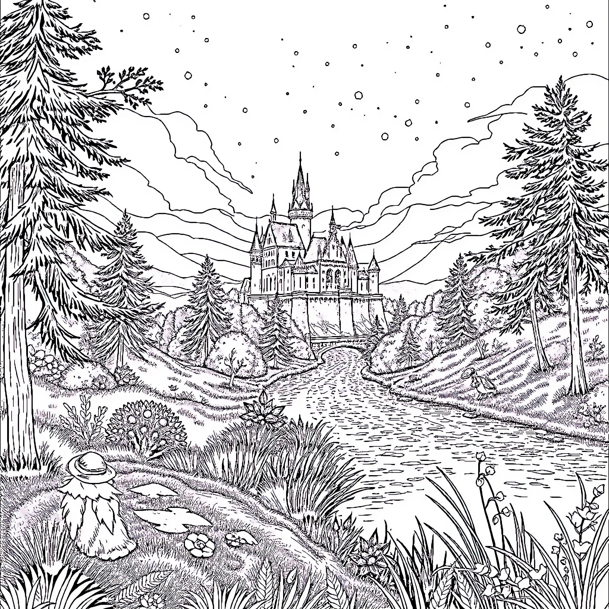 Fee Enchanted Castle in Snowy Winter Wonderland Coloring Page (free black-and-white line drawing printable PDF for all, from beginners to advanced learners, including children, teens, adults, and seniors)