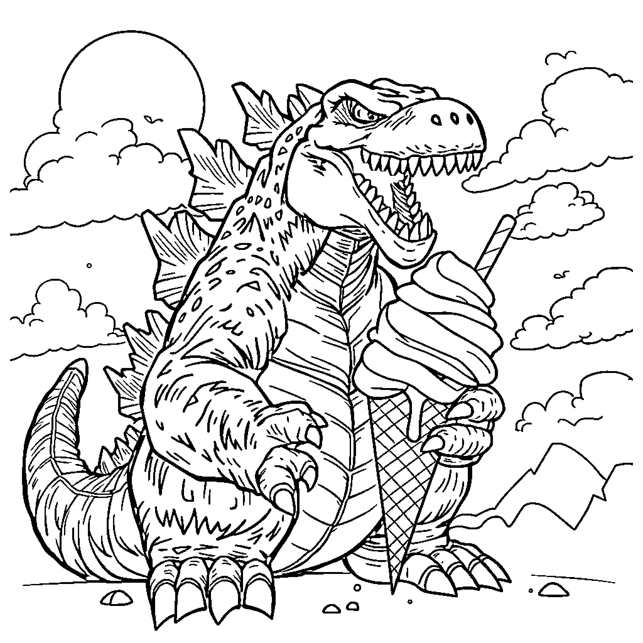 Godzilla stomping through a mountainous landscape Coloring Page (free black-and-white line drawing printable PDF for all, from beginners to advanced learners, including children, teens, adults, and seniors)