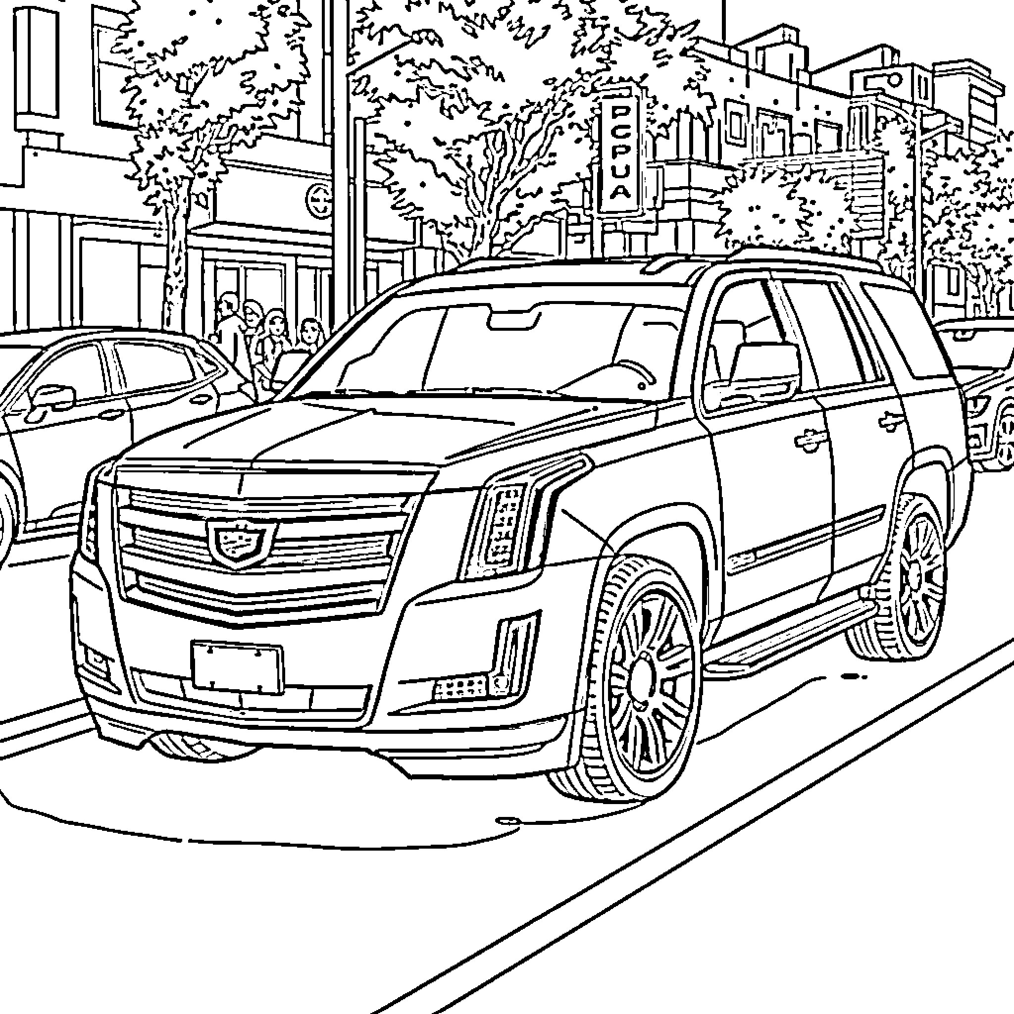 Cadillac SUV in an urban setting Coloring Page (free black-and-white line drawing printable PDF for all, from beginners to advanced learners, including children, teens, adults, and seniors)
