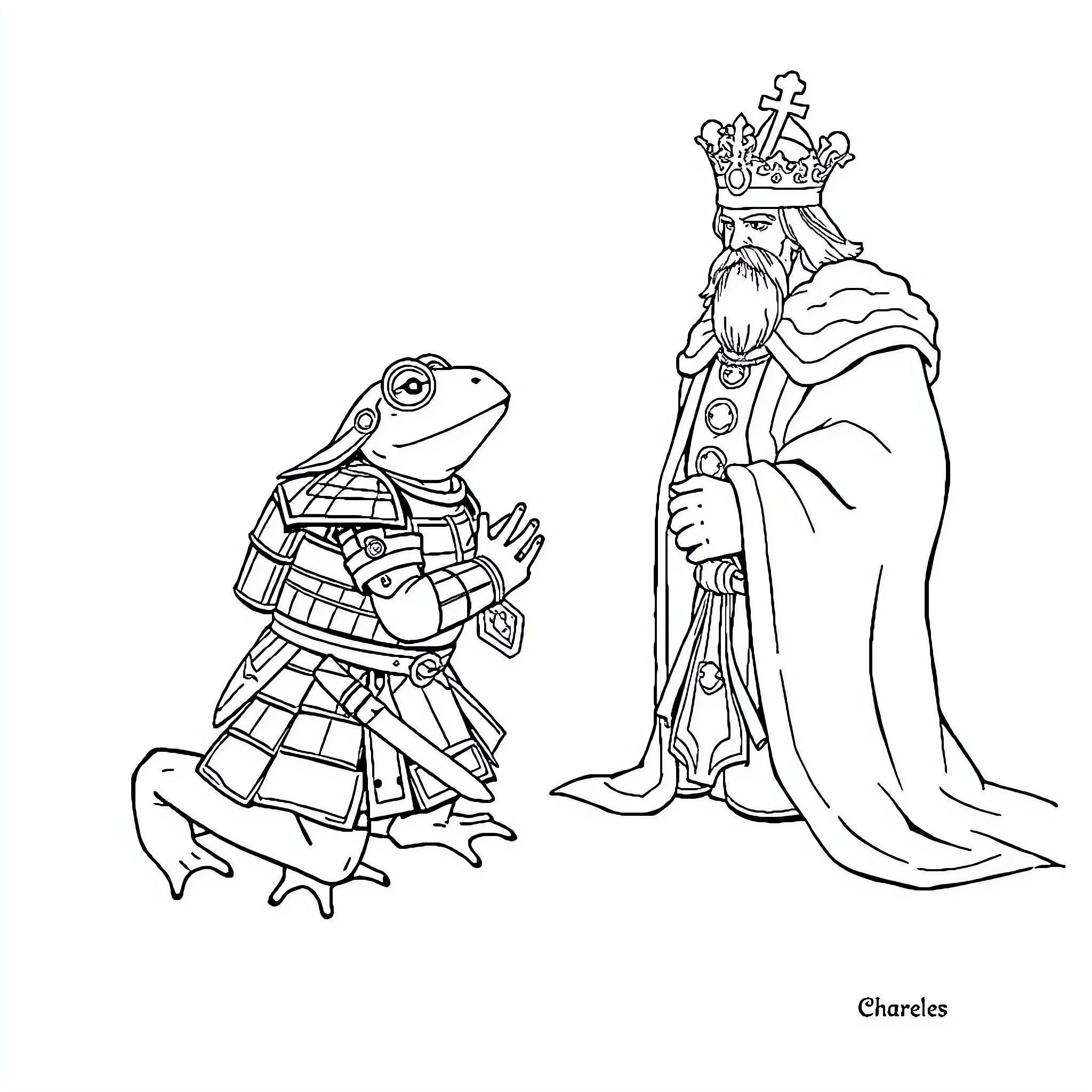 Frog knight interacts with a regal monarch Coloring Page (free black-and-white line drawing printable PDF for all, from beginners to advanced learners, including children, teens, adults, and seniors)