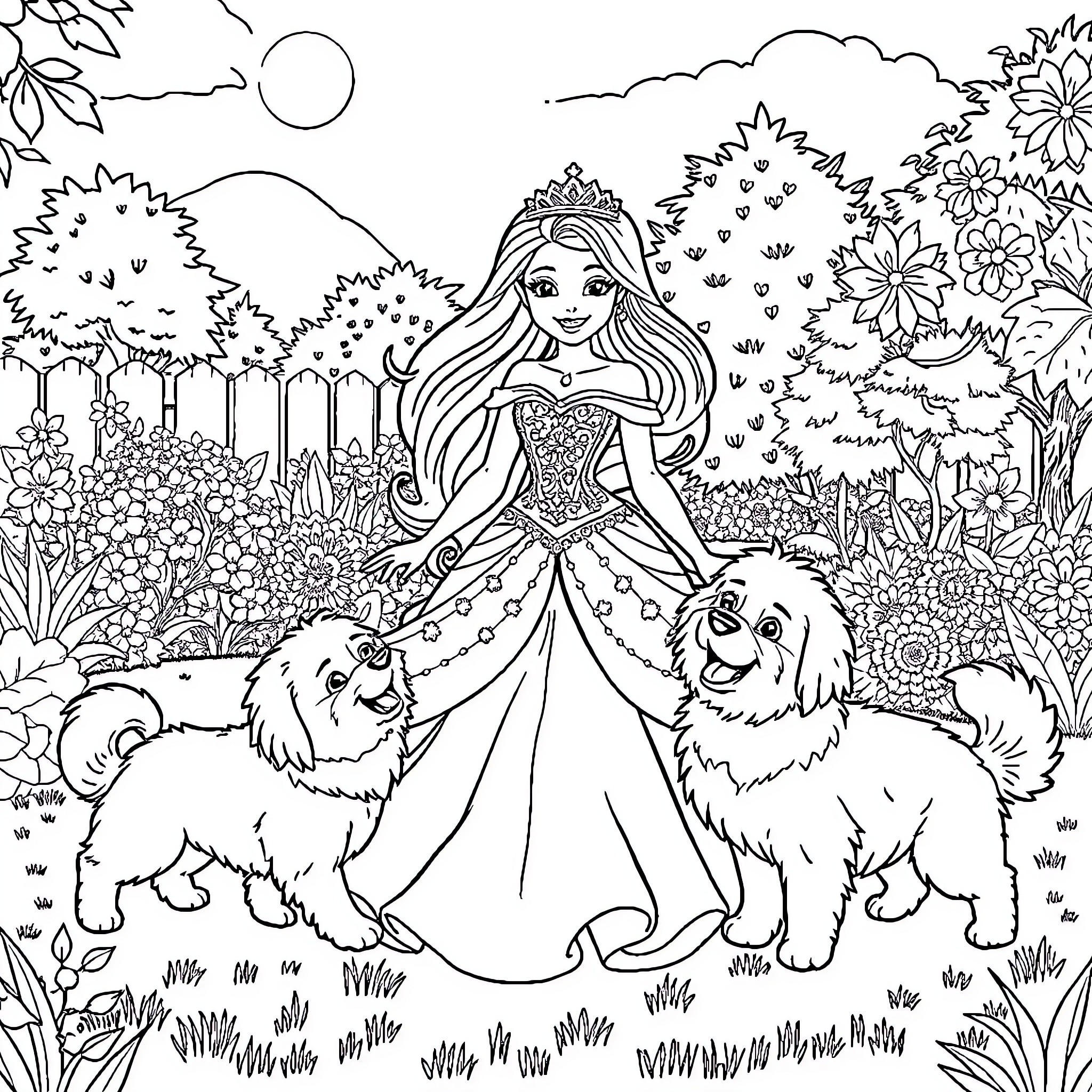 Princess in a Serene Garden with Friendly Pups Coloring Page (free black-and-white line drawing printable PDF for all, from beginners to advanced learners, including children, teens, adults, and seniors)