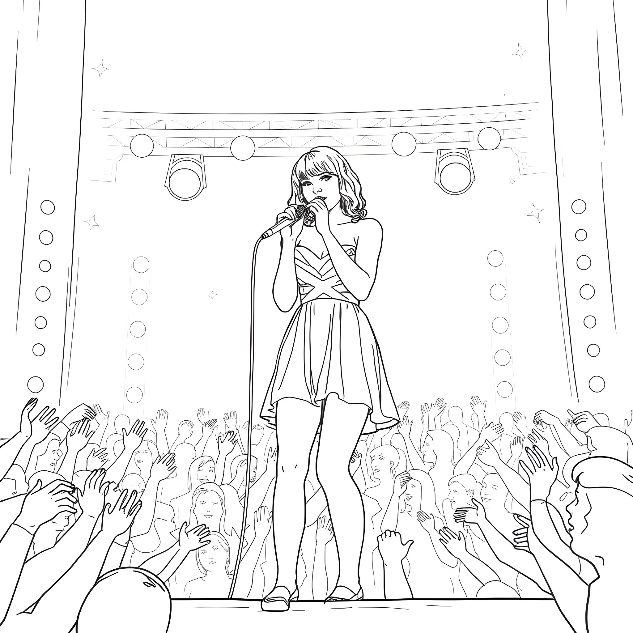 Taylor Swift performing on stage with fans Coloring Page (free black-and-white line drawing printable PDF for all, from beginners to advanced learners, including children, teens, adults, and seniors)