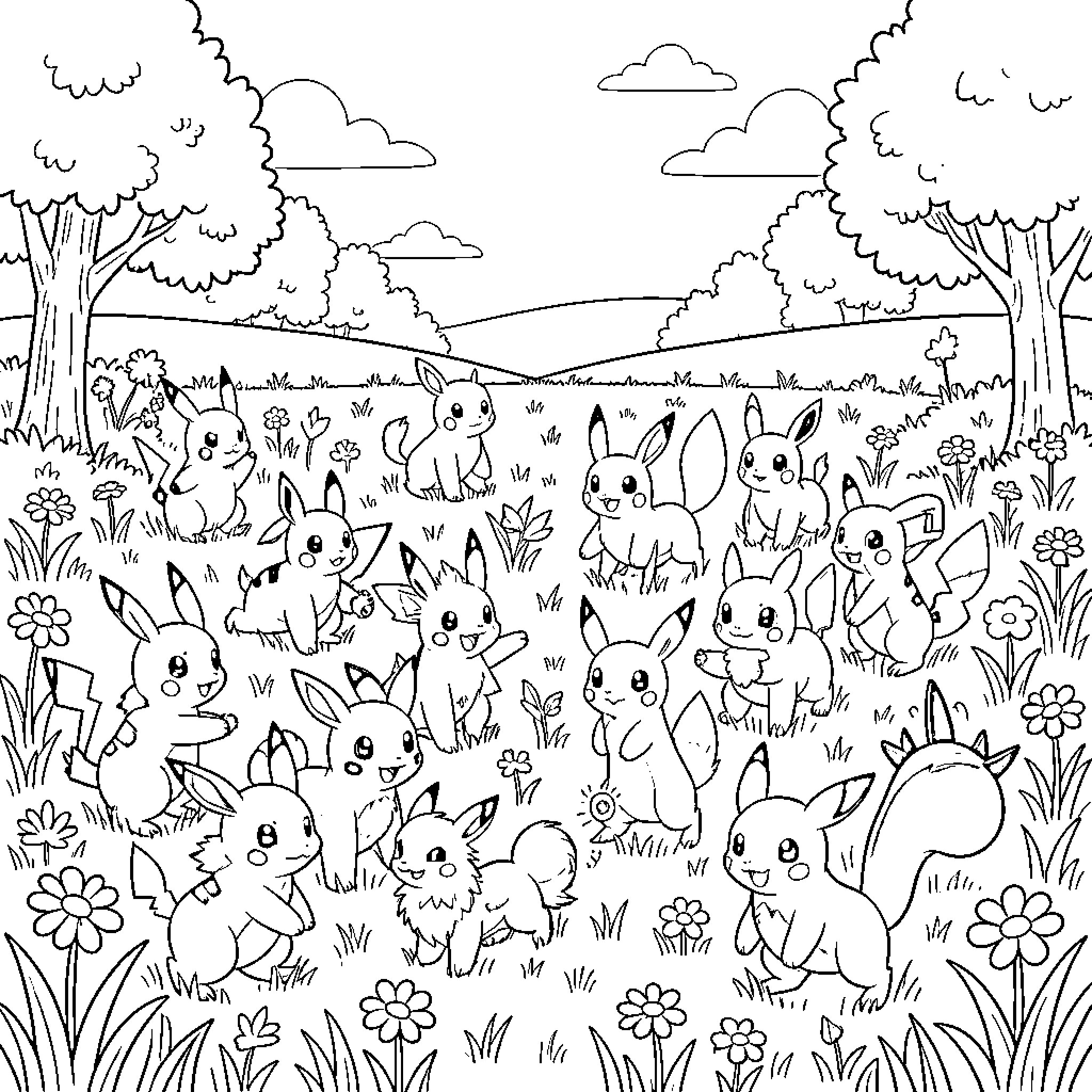Pokémon Bunnies Frolicking in the Meadow Coloring Page (free black-and-white line drawing printable PDF for all, from beginners to advanced learners, including children, teens, adults, and seniors)