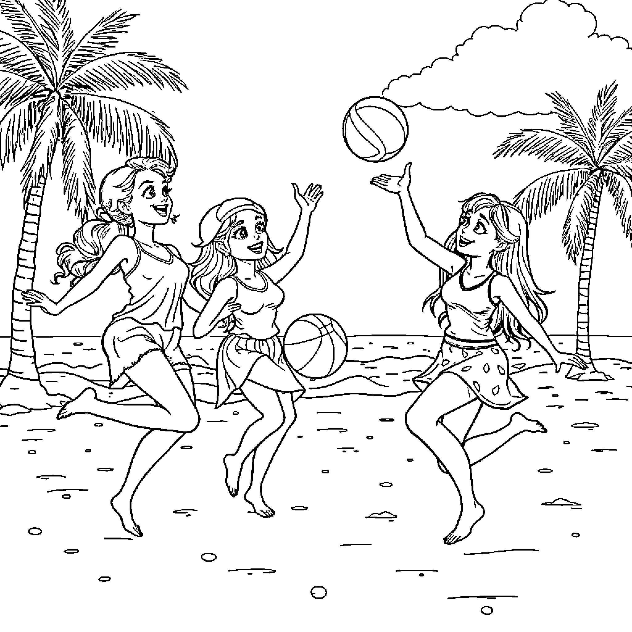 Cerdita's Beachside Fun with Friends Coloring Page (free black-and-white line drawing printable PDF for all, from beginners to advanced learners, including children, teens, adults, and seniors)