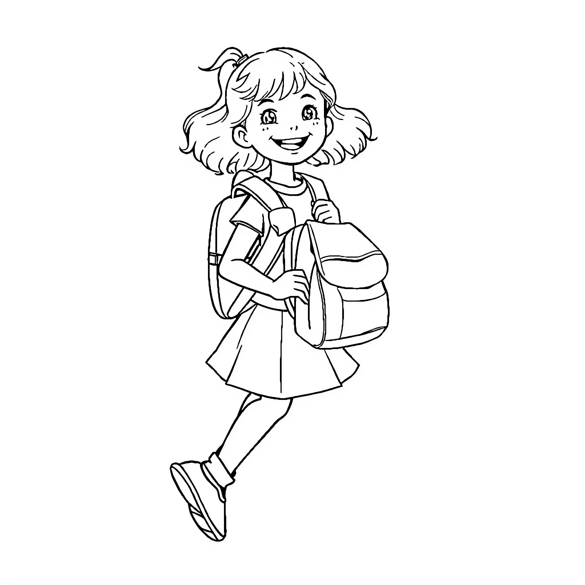 Girl happily walking to school with backpack Coloring Page (free black-and-white line drawing printable PDF for all, from beginners to advanced learners, including children, teens, adults, and seniors)
