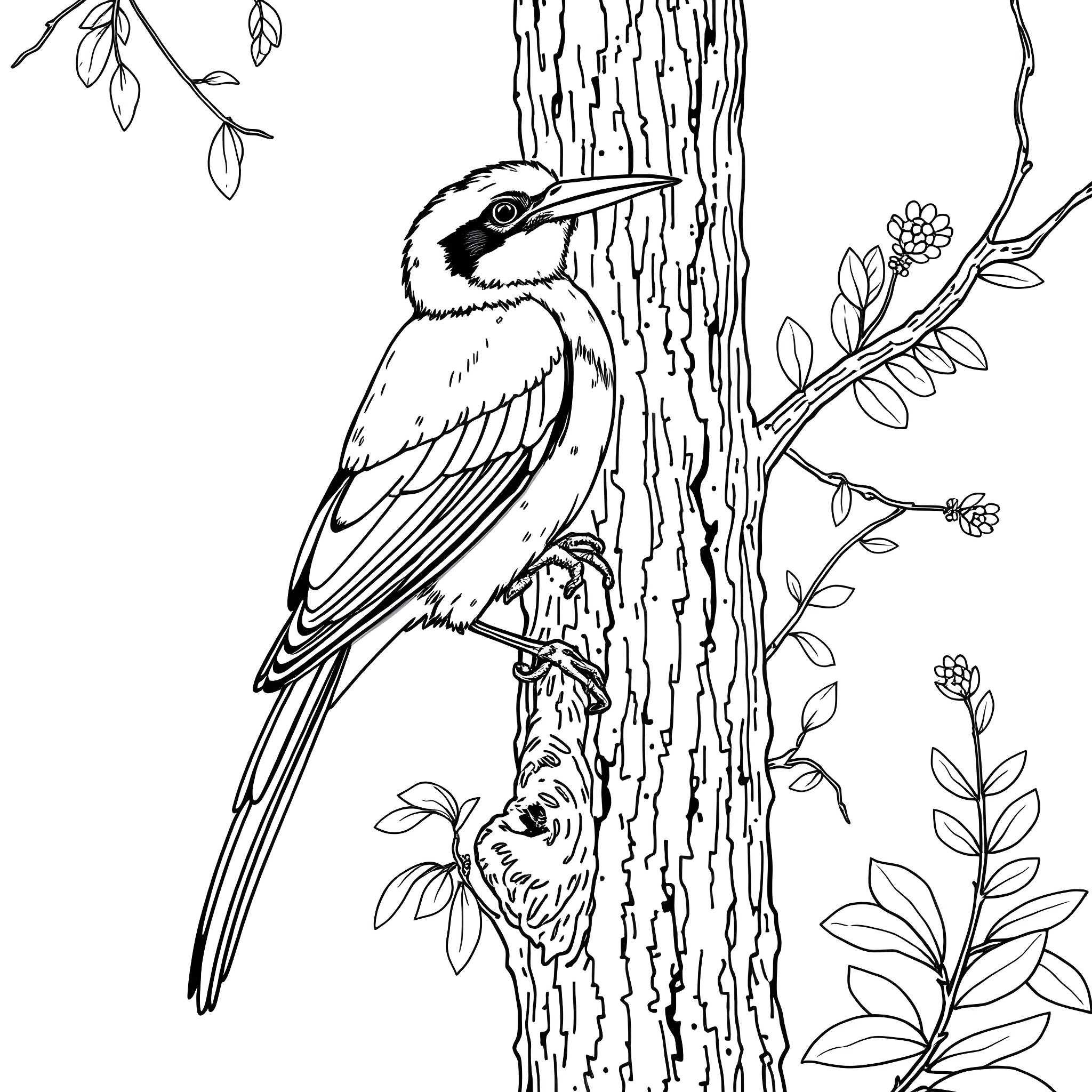 Chlorochrysa Phoenicotis: Bird perched on tree branch Coloring Page (free black-and-white line drawing printable PDF for all, from beginners to advanced learners, including children, teens, adults, and seniors)