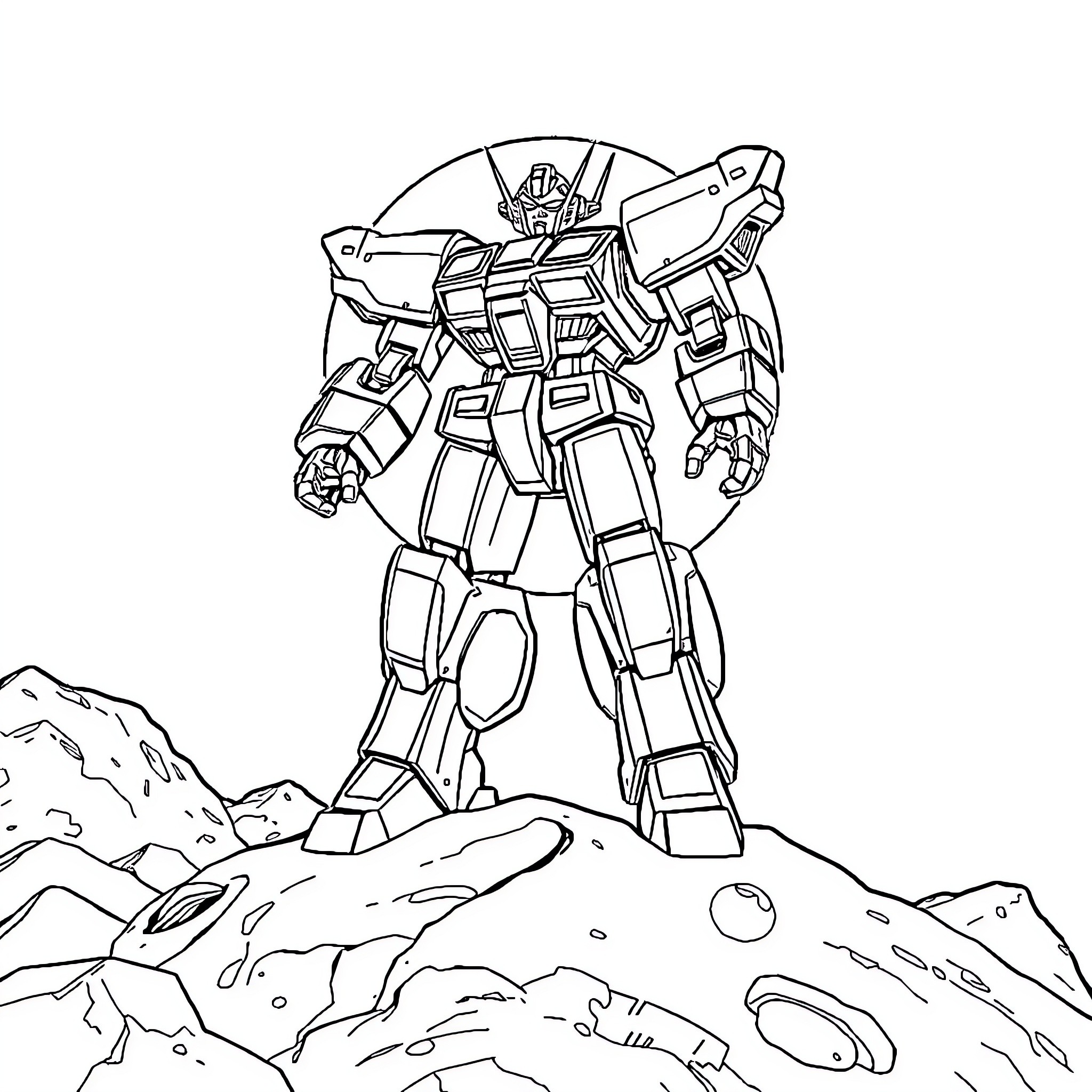 Mecha robot standing tall on alien terrain Coloring Page (free black-and-white line drawing printable PDF for all, from beginners to advanced learners, including children, teens, adults, and seniors)