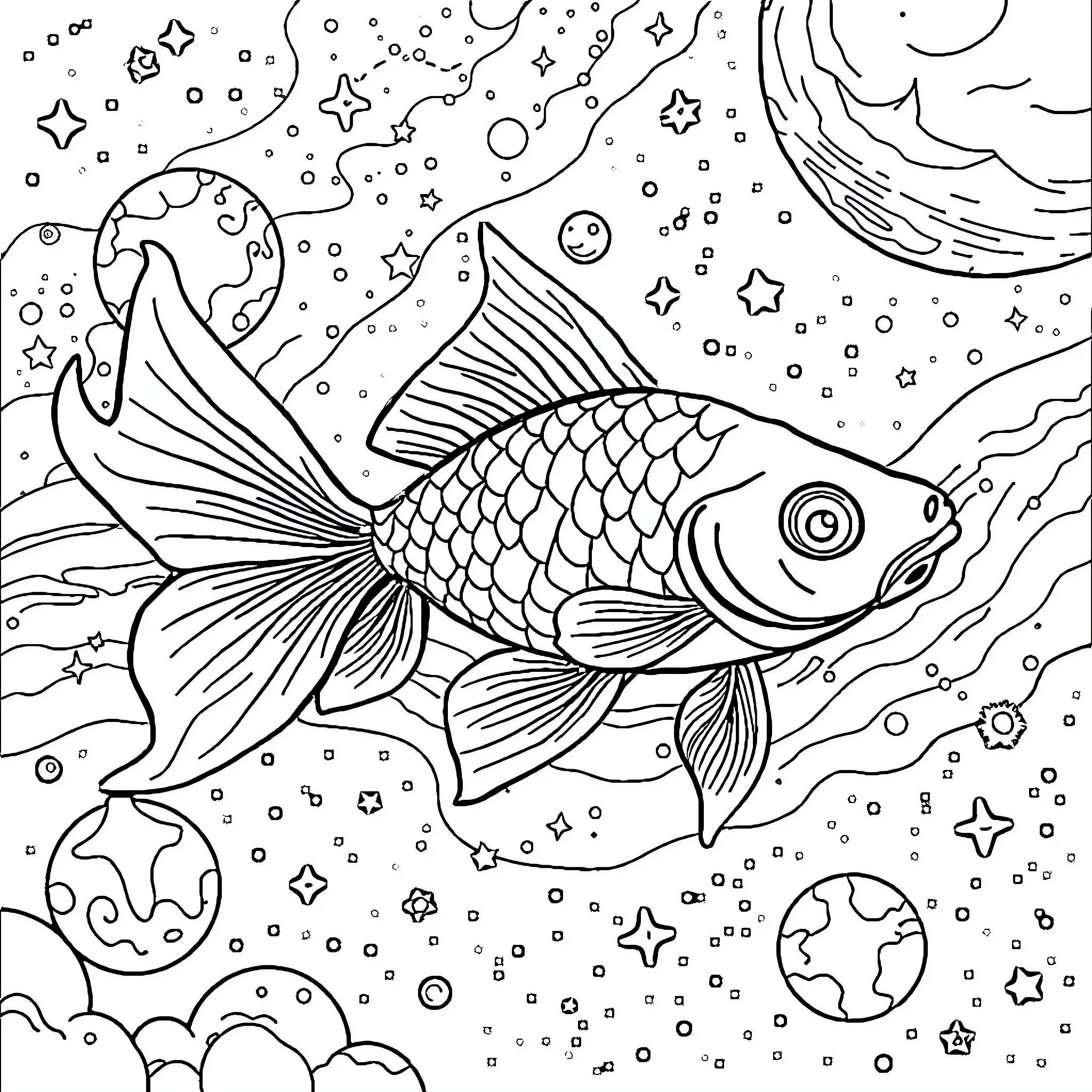 Goldfish swimming among whimsical underwater elements Coloring Page (free black-and-white line drawing printable PDF for all, from beginners to advanced learners, including children, teens, adults, and seniors)