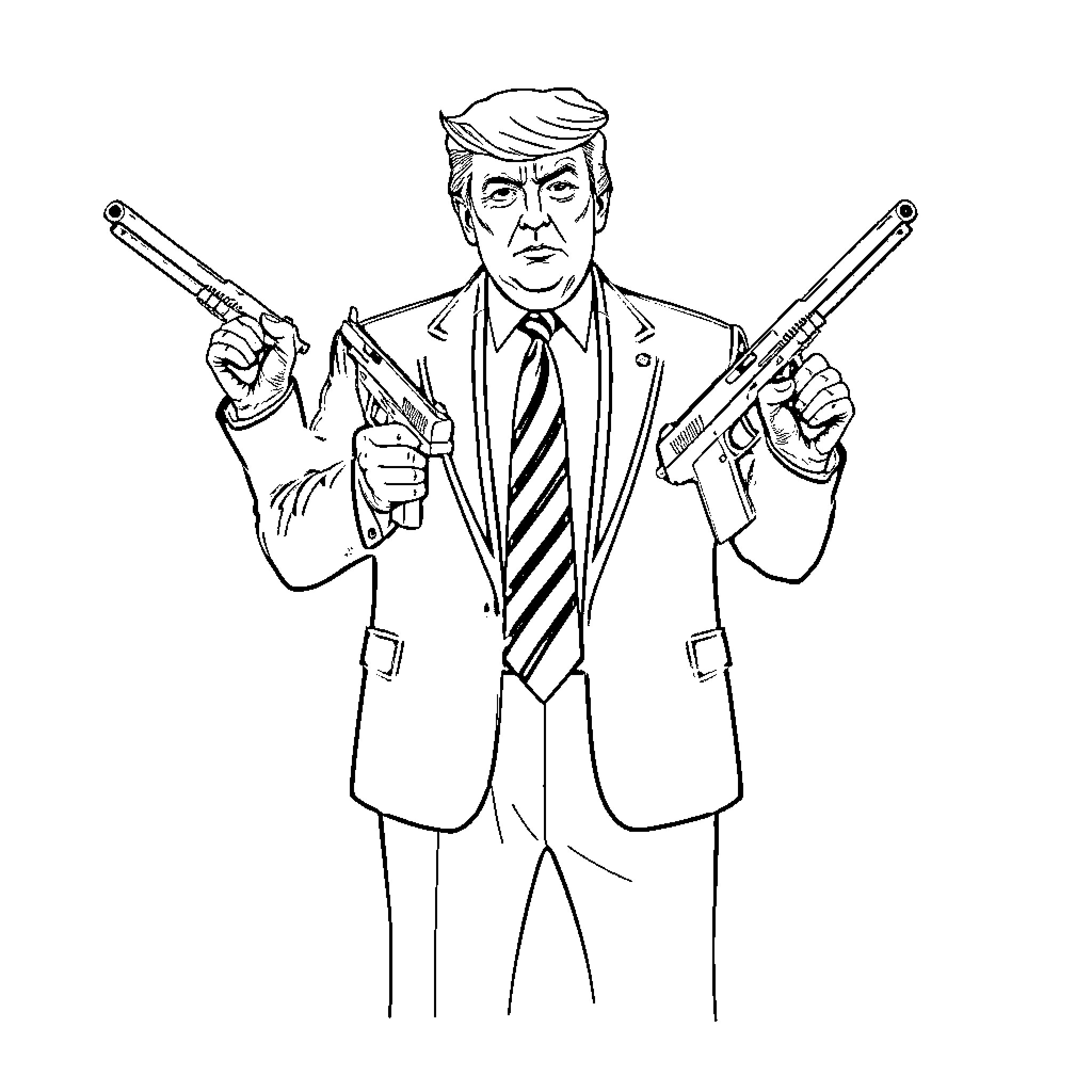 Trump wielding firearms in formal attire Coloring Page (free black-and-white line drawing printable PDF for all, from beginners to advanced learners, including children, teens, adults, and seniors)