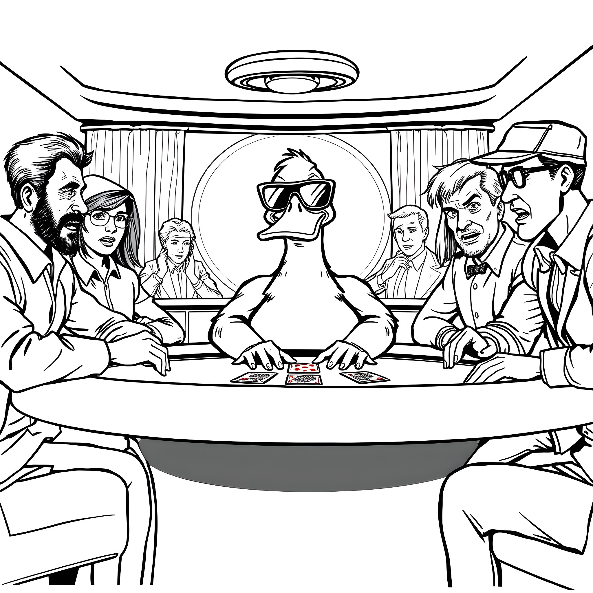 Duck hosting a meeting with business people Coloring Page (free black-and-white line drawing printable PDF for all, from beginners to advanced learners, including children, teens, adults, and seniors)