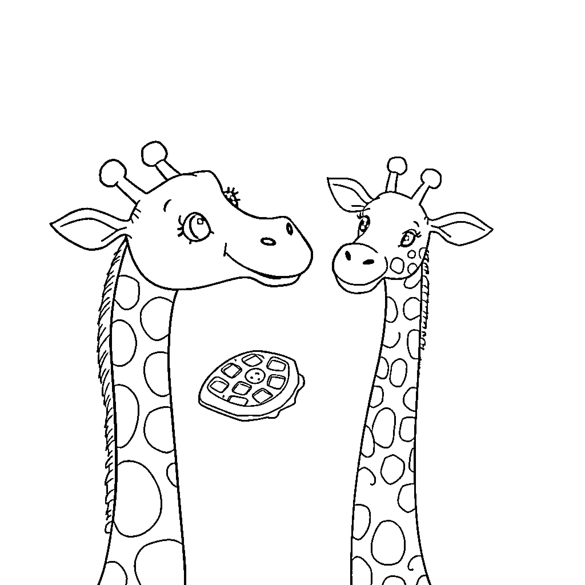 Giraffe friends sharing a waffle treat Coloring Page (free black-and-white line drawing printable PDF for all, from beginners to advanced learners, including children, teens, adults, and seniors)