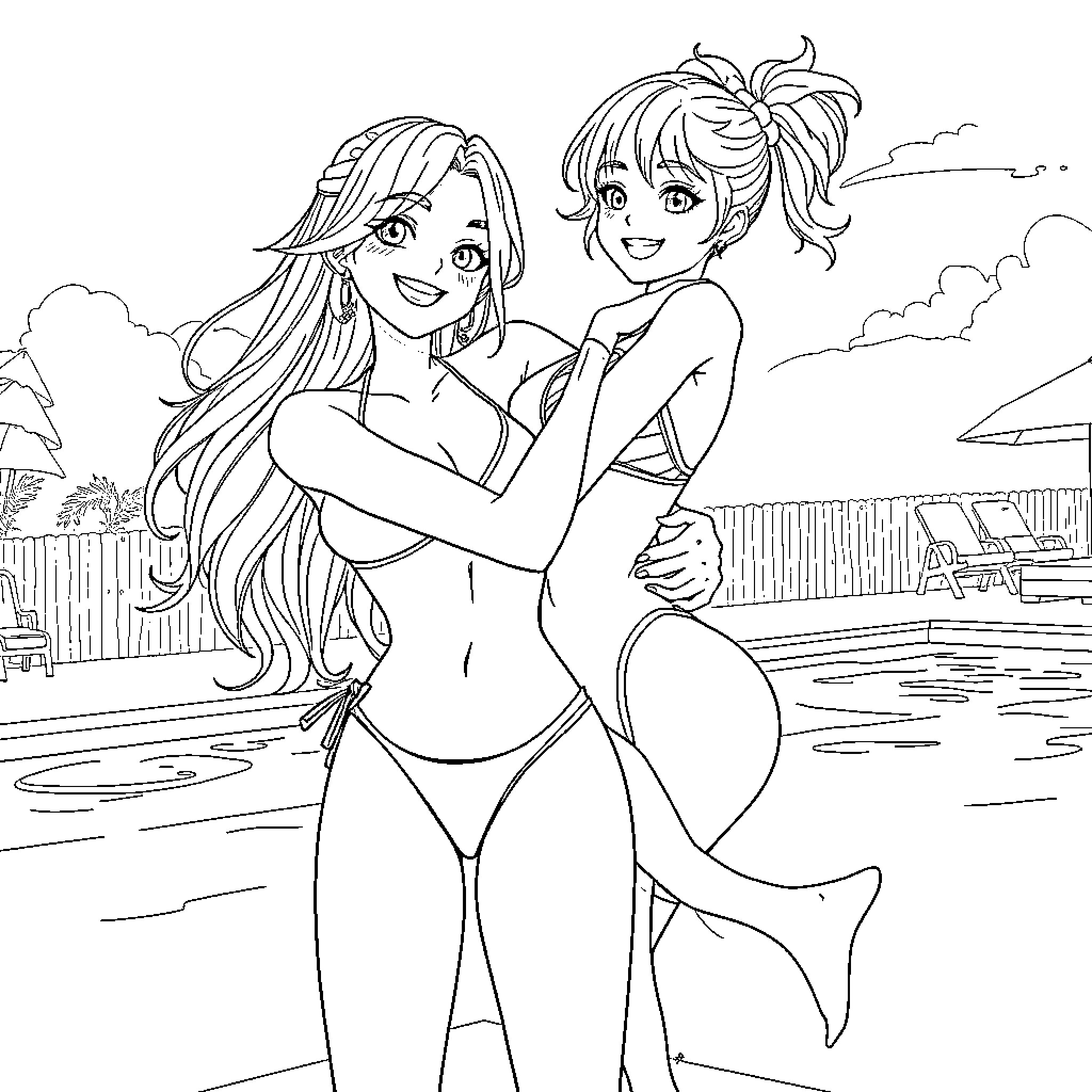 Zoey's playful beach day with a friend Coloring Page (free black-and-white line drawing printable PDF for all, from beginners to advanced learners, including children, teens, adults, and seniors)