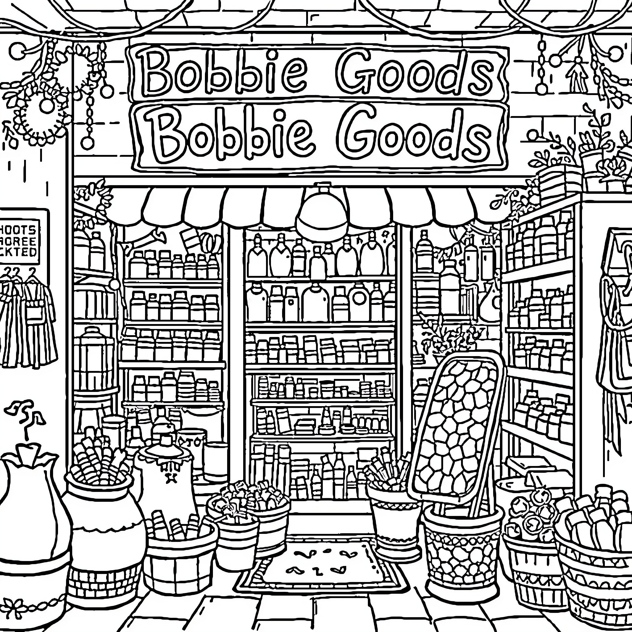 Bobbie Goods Store with Various Merchandise and Decor Coloring Page (free black-and-white line drawing printable PDF for all, from beginners to advanced learners, including children, teens, adults, and seniors)