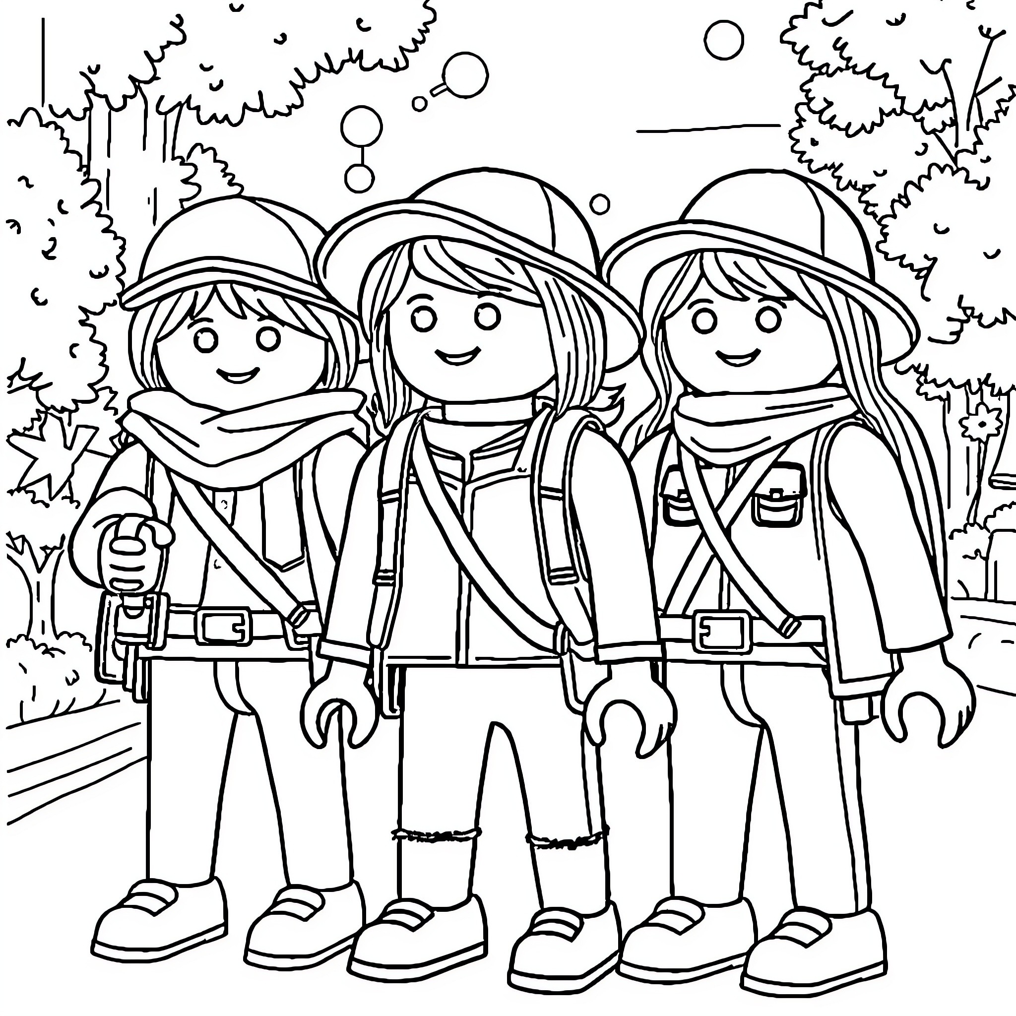 Teen campers enjoying outdoor adventure Coloring Page (free black-and-white line drawing printable PDF for all, from beginners to advanced learners, including children, teens, adults, and seniors)