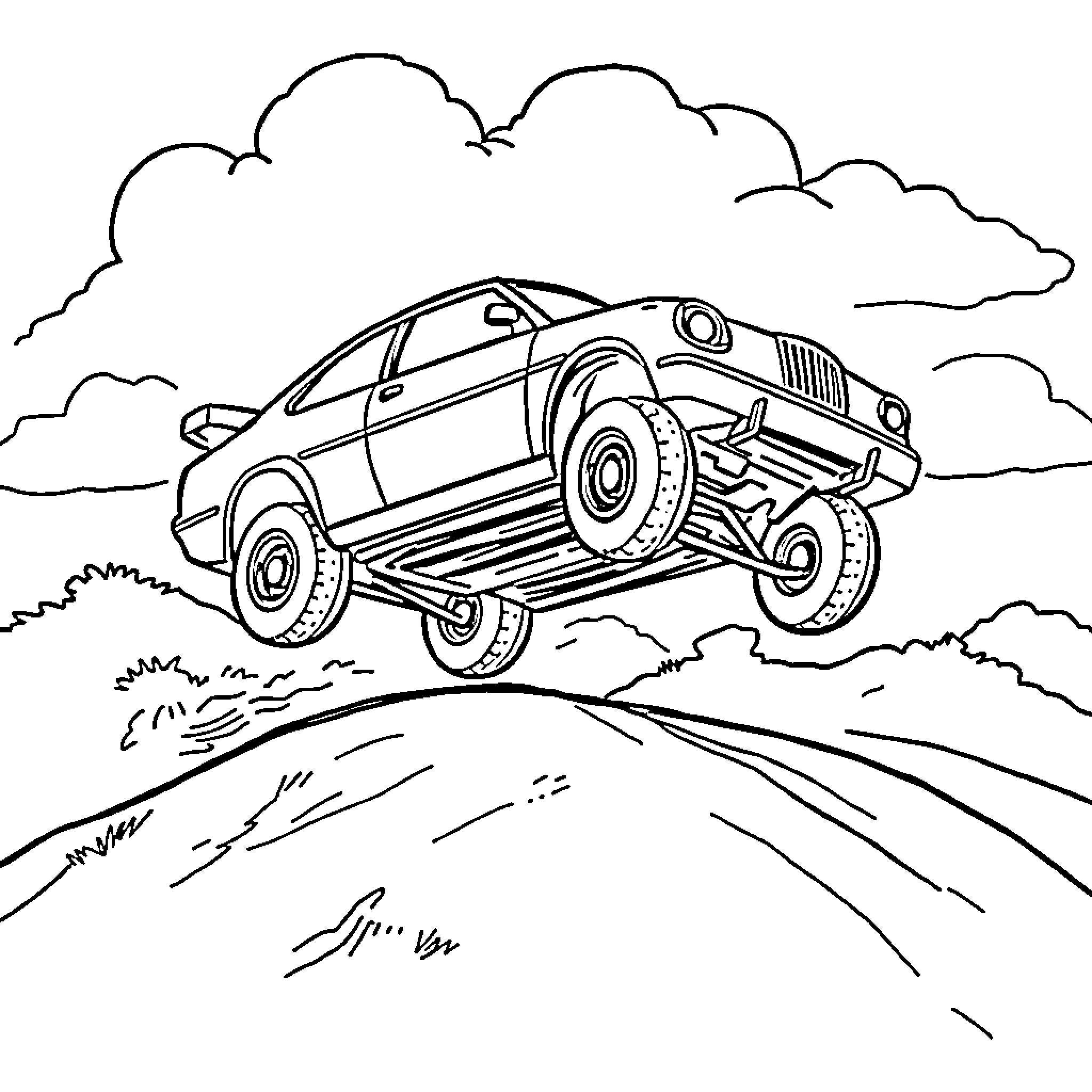 Car jumping over hills in nature Coloring Page (free black-and-white line drawing printable PDF for all, from beginners to advanced learners, including children, teens, adults, and seniors)