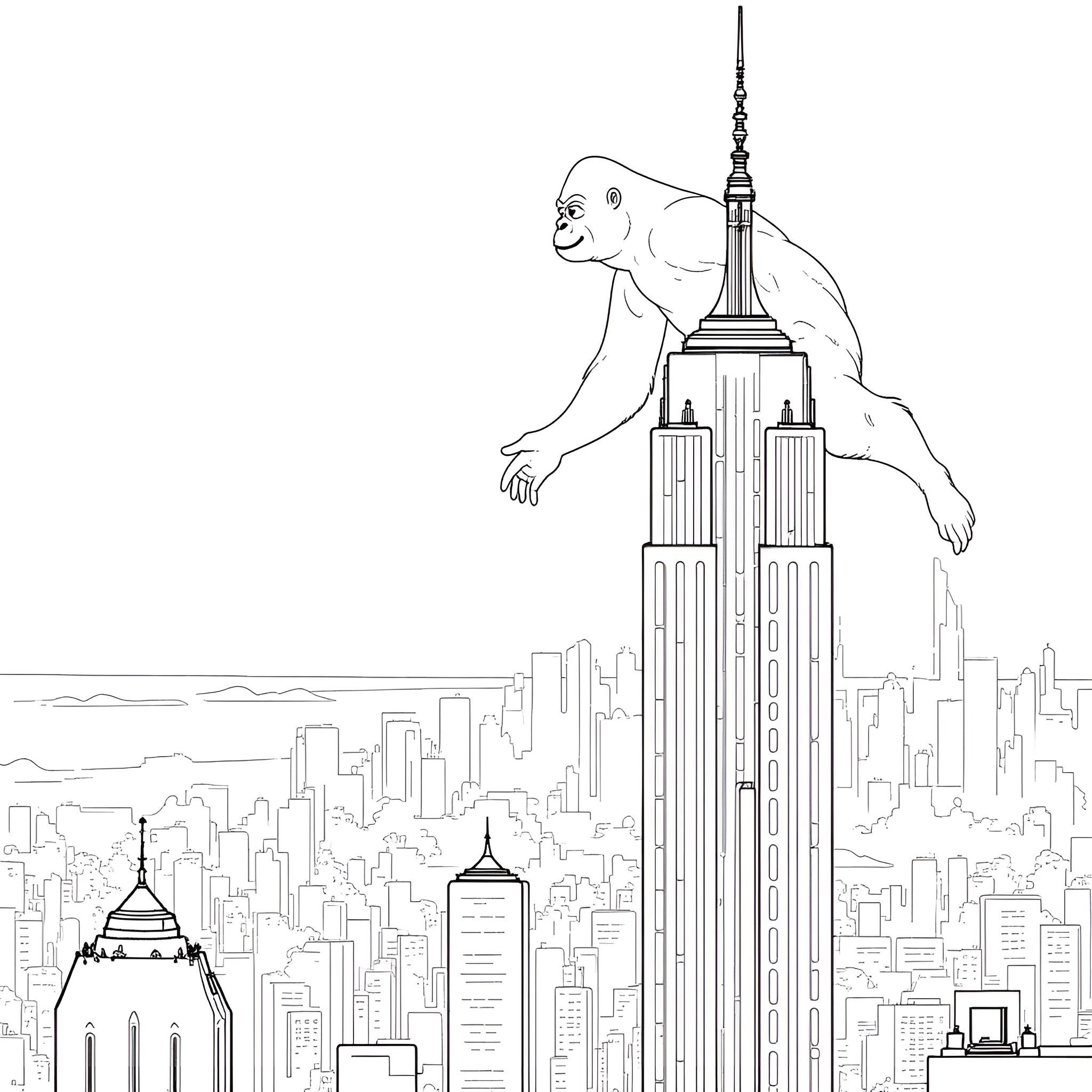 King Kong climbing the Empire State Building Coloring Page (free black-and-white line drawing printable PDF for all, from beginners to advanced learners, including children, teens, adults, and seniors)