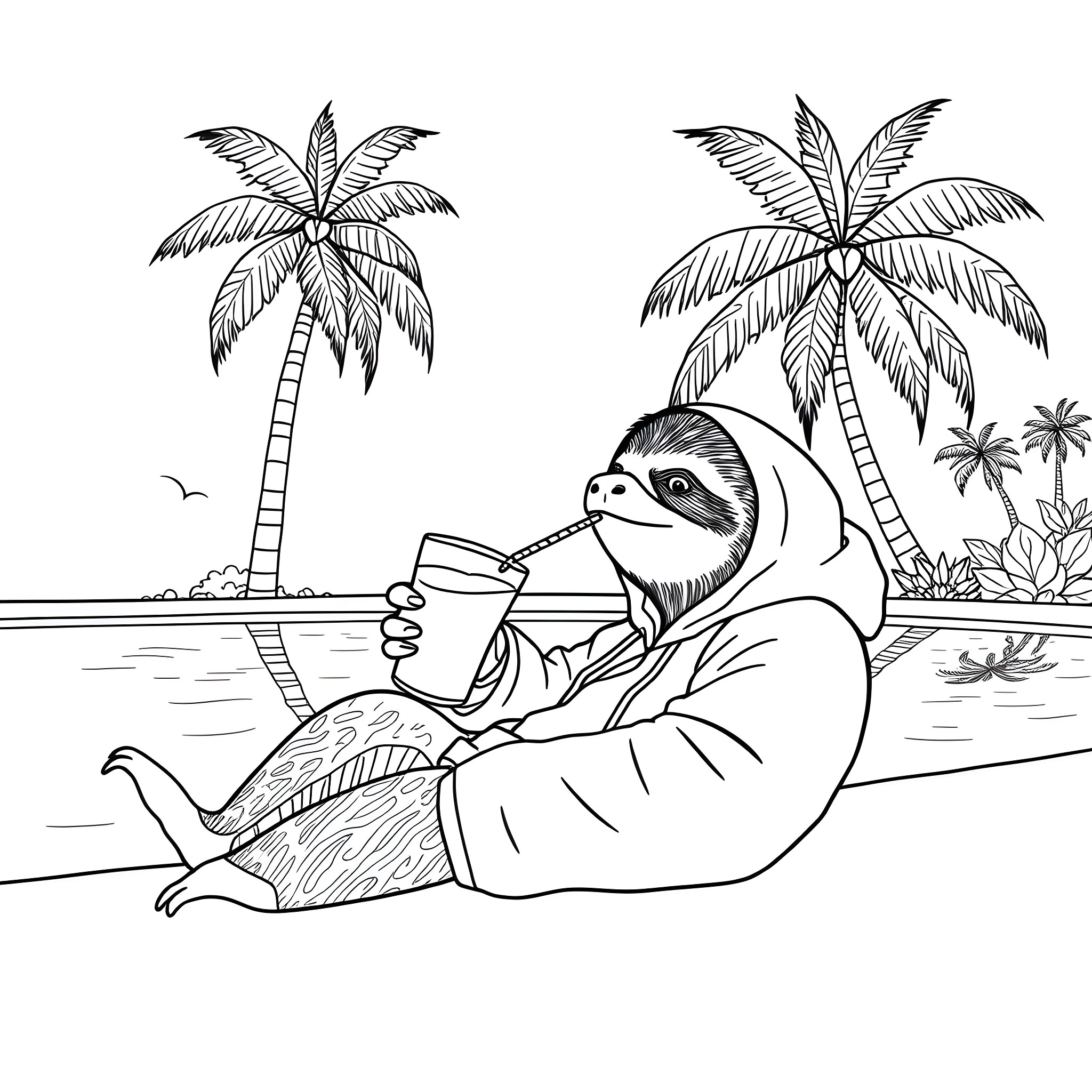 Sloth relaxing on the beach with palm trees Coloring Page (free black-and-white line drawing printable PDF for all, from beginners to advanced learners, including children, teens, adults, and seniors)