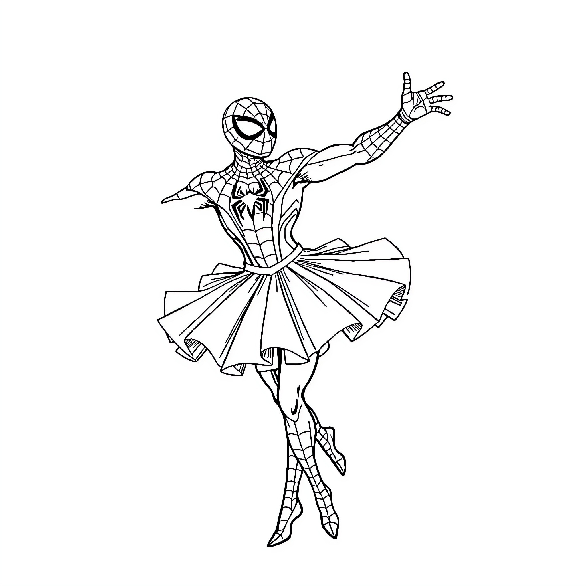 Spiderman in a ballet-inspired pose Coloring Page (free black-and-white line drawing printable PDF for all, from beginners to advanced learners, including children, teens, adults, and seniors)