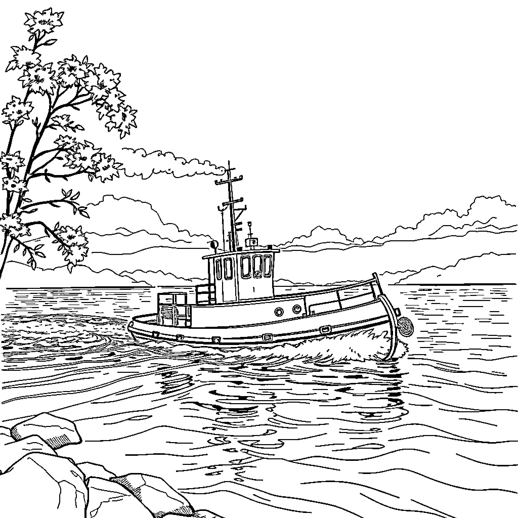 Towboat pushing cargo along a river in the distance Coloring Page (free black-and-white line drawing printable PDF for all, from beginners to advanced learners, including children, teens, adults, and seniors)