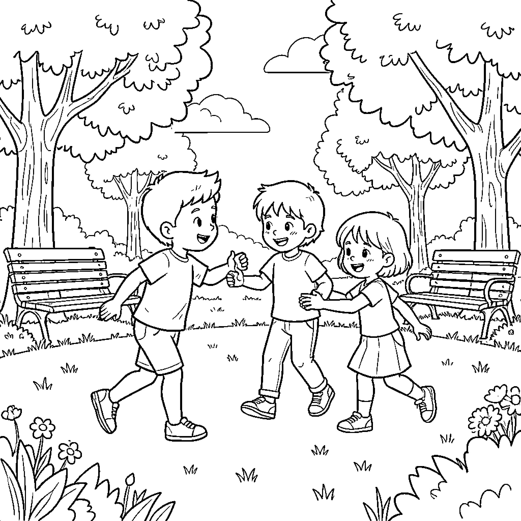 Child friends playing and walking together in a park Coloring Page (free black-and-white line drawing printable PDF for all, from beginners to advanced learners, including children, teens, adults, and seniors)