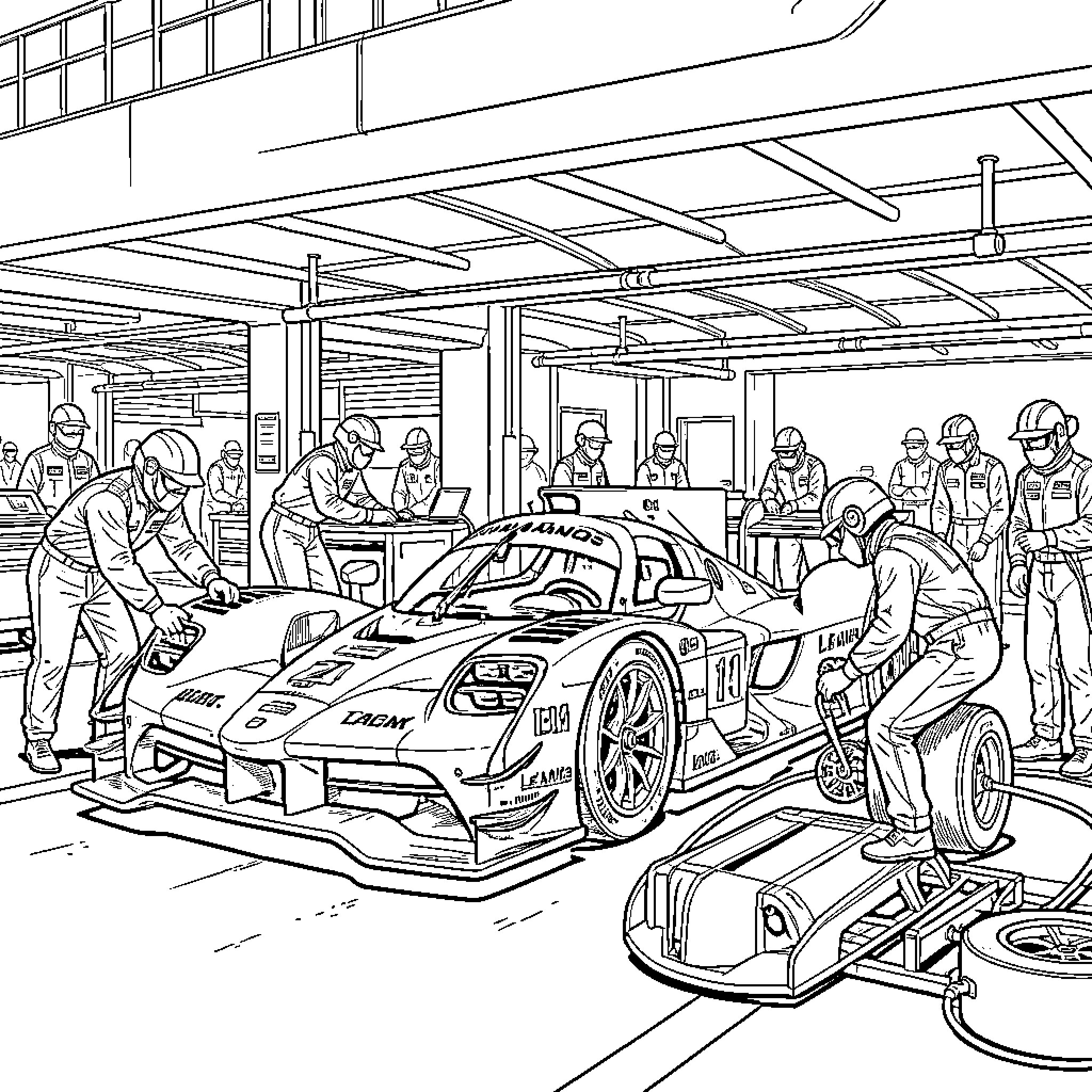 Car being serviced by a professional pit crew Coloring Page (free black-and-white line drawing printable PDF for all, from beginners to advanced learners, including children, teens, adults, and seniors)