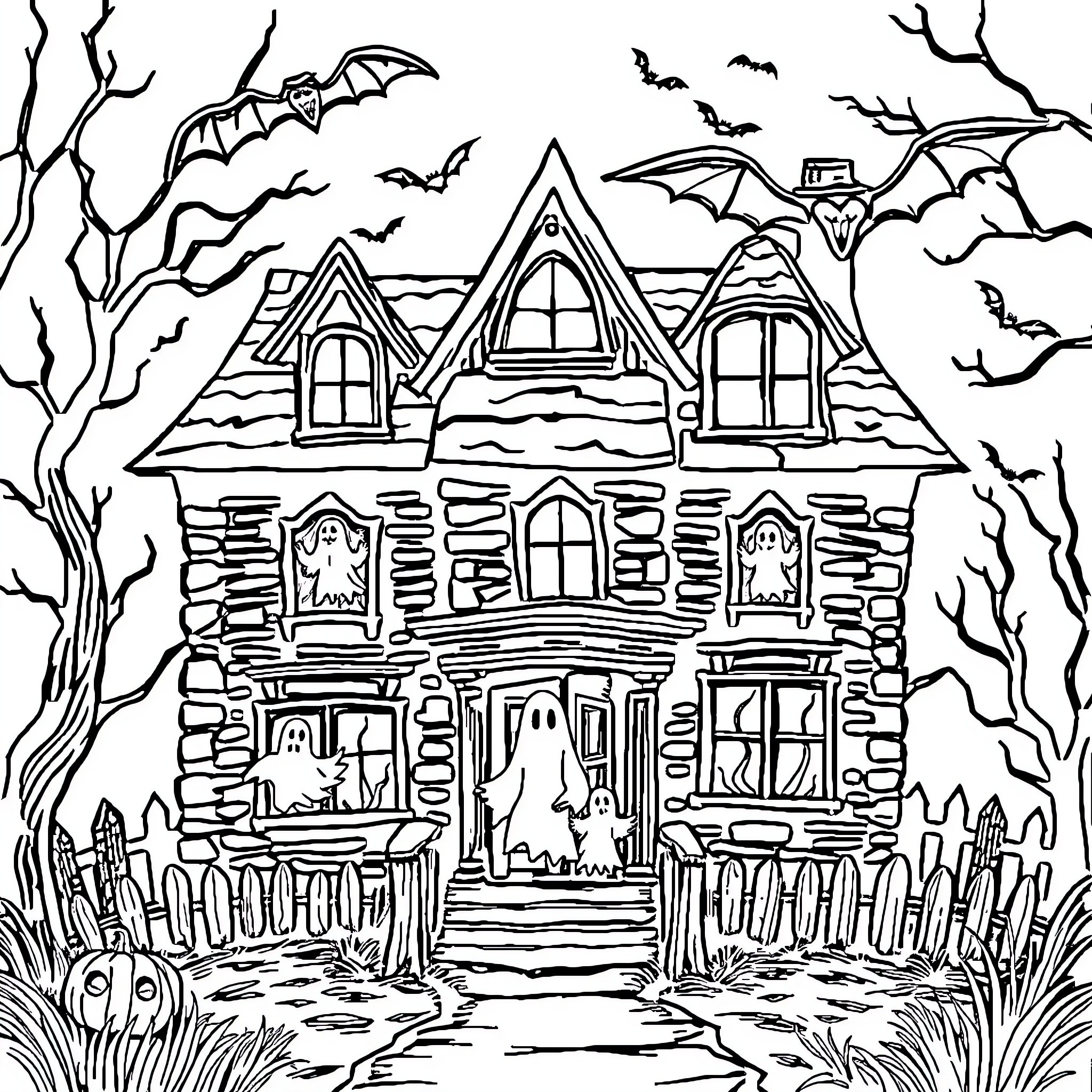 Haunted House with Eerie Atmosphere and Spooky Decor Coloring Page (free black-and-white line drawing printable PDF for all, from beginners to advanced learners, including children, teens, adults, and seniors)