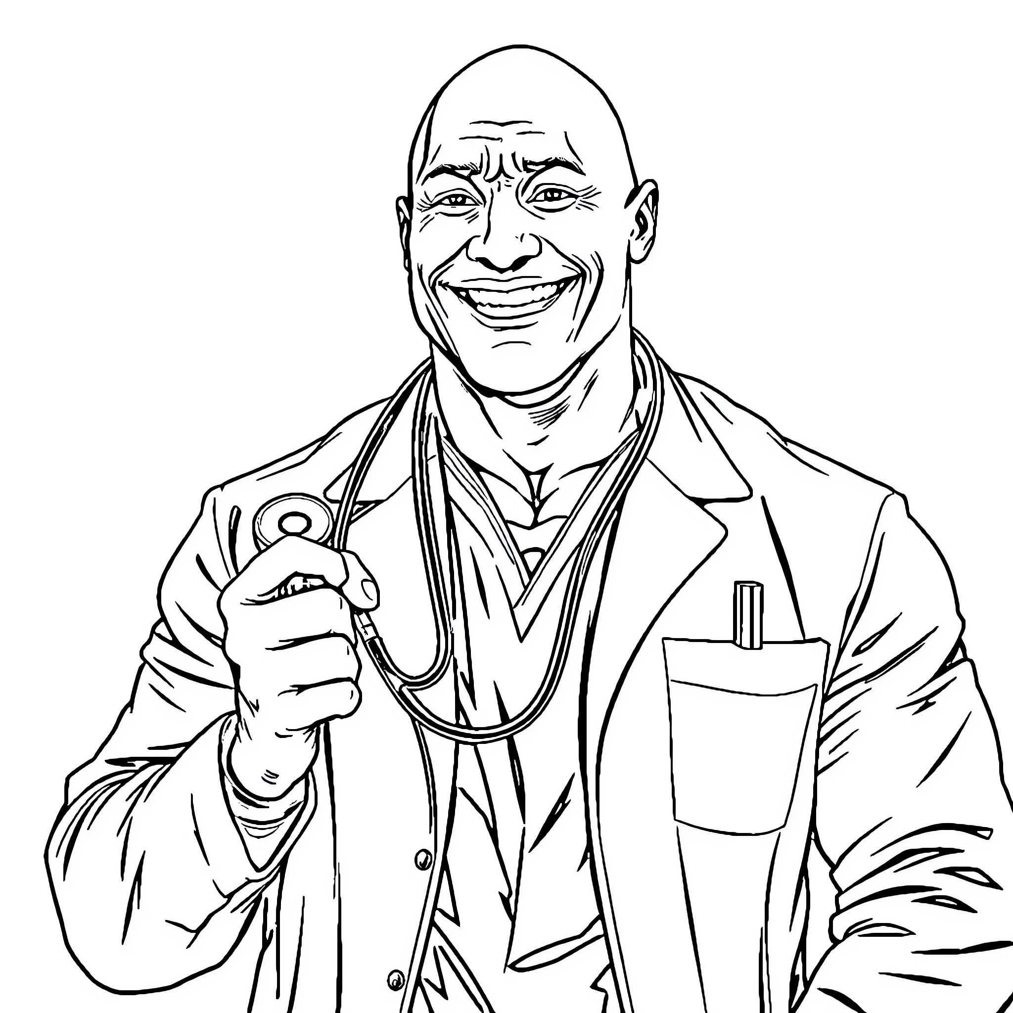 Dwayne Johnson as a confident and charismatic doctor Coloring Page (free black-and-white line drawing printable PDF for all, from beginners to advanced learners, including children, teens, adults, and seniors)