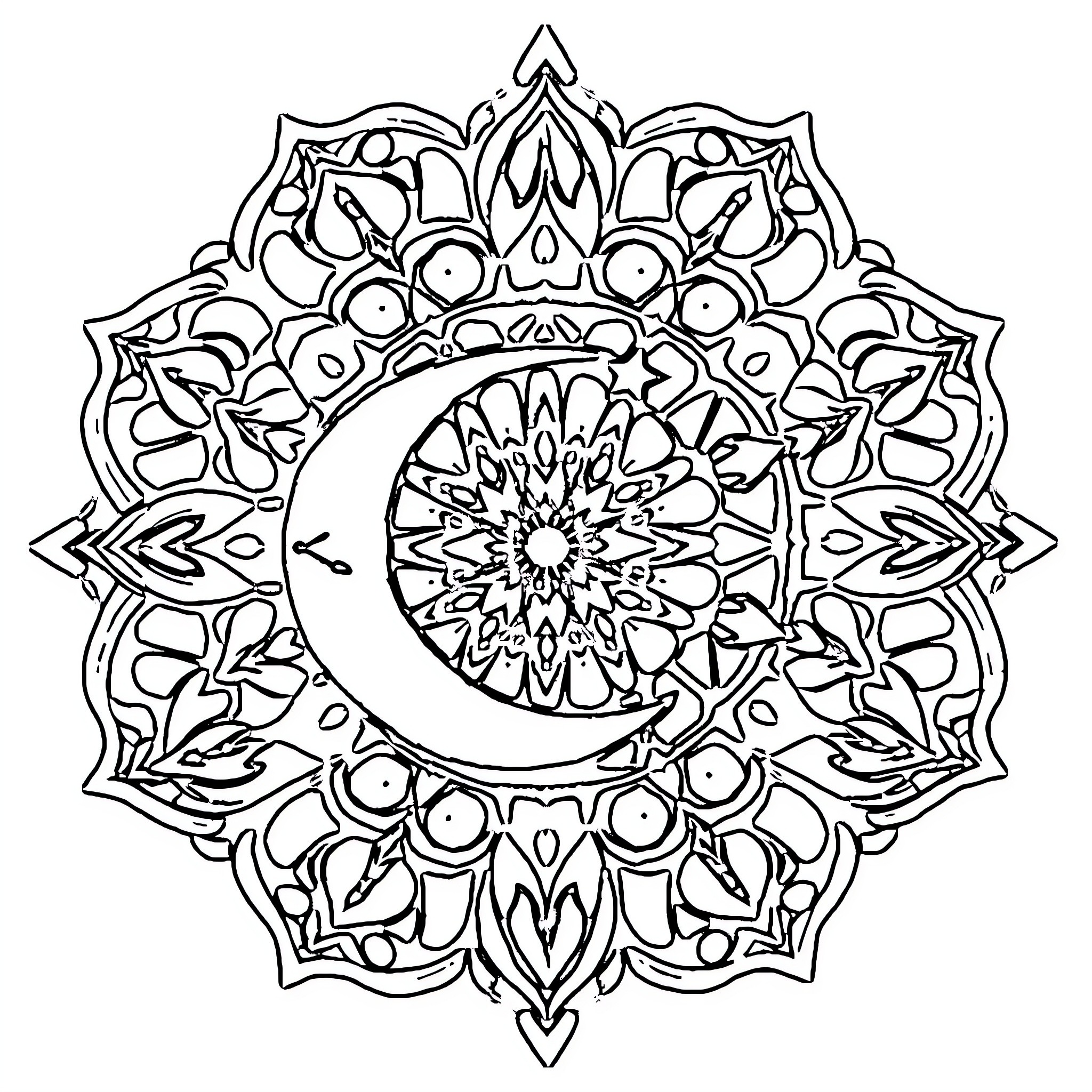 Mandala with intricate moon symbol Coloring Page (free black-and-white line drawing printable PDF for all, from beginners to advanced learners, including children, teens, adults, and seniors)
